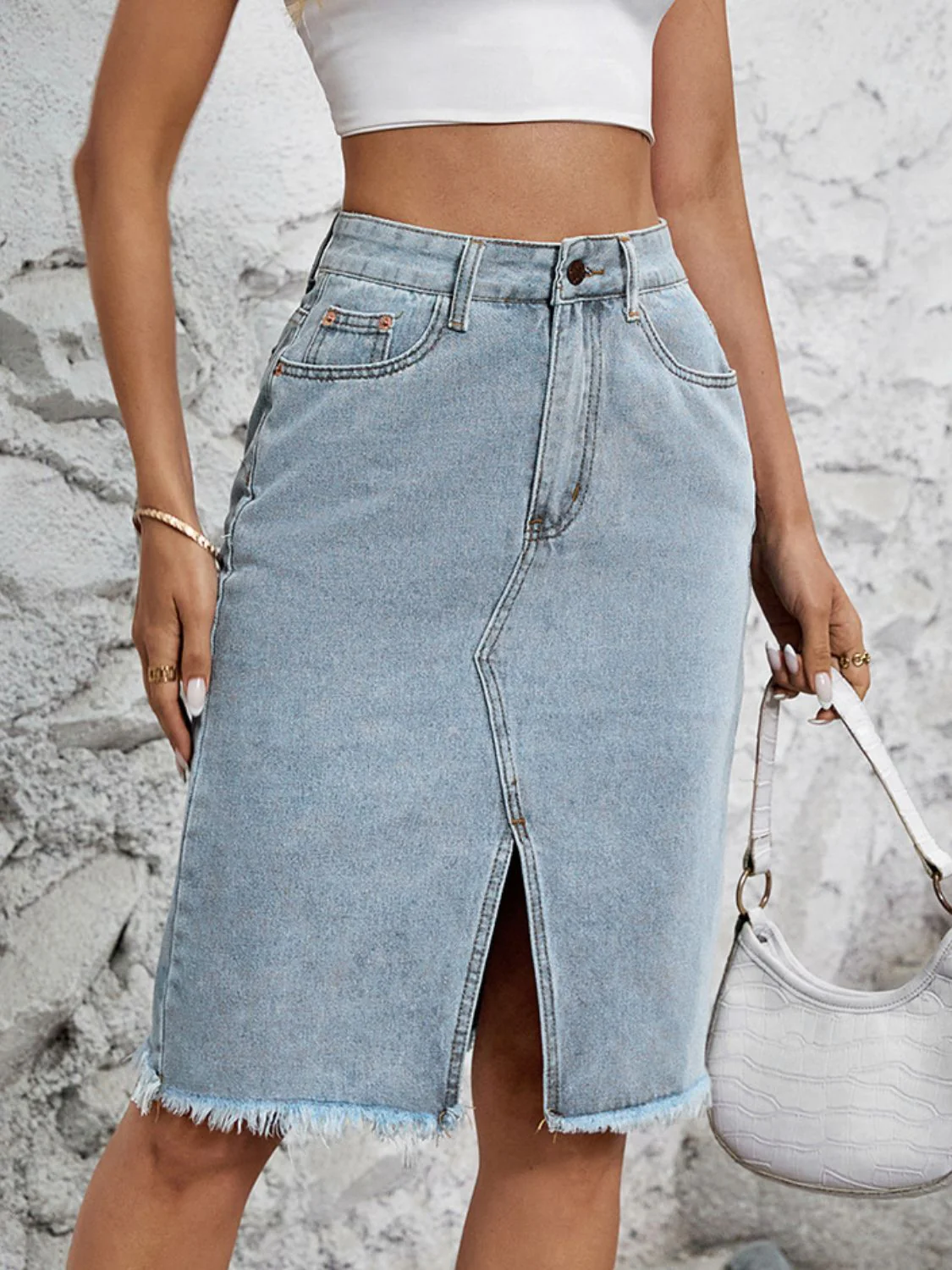 Raw Hem Slit Denim Skirt - Image 11