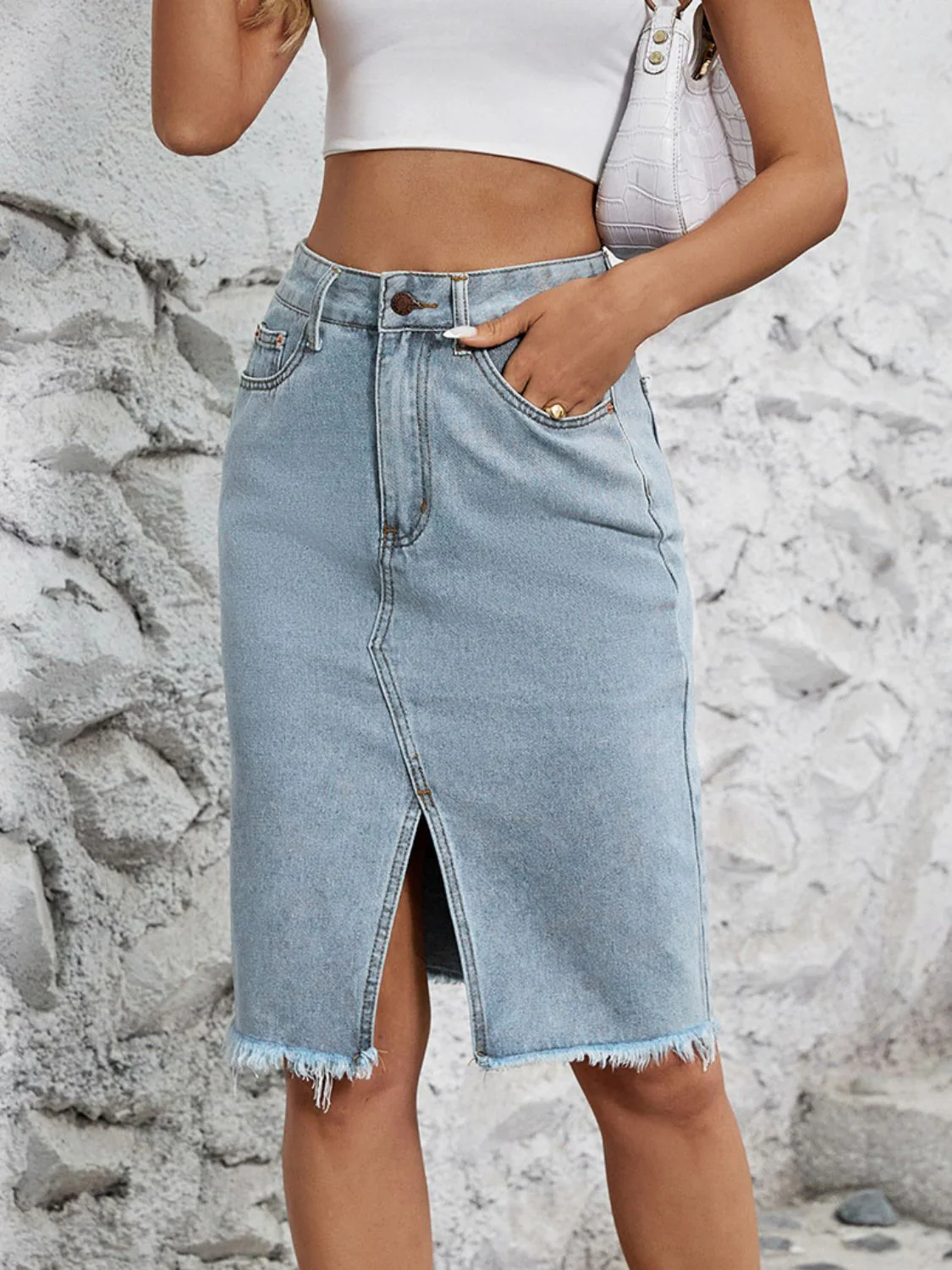 Raw Hem Slit Denim Skirt - Image 12