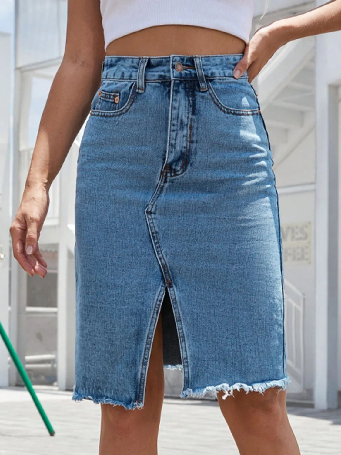 Raw Hem Slit Denim Skirt - Image 7