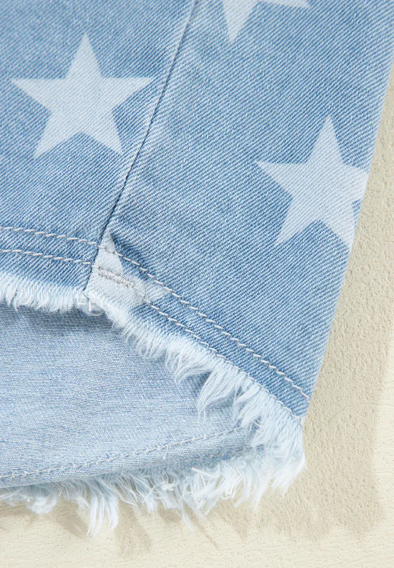 Raw Hem Star Collared Neck Denim Top - Image 17