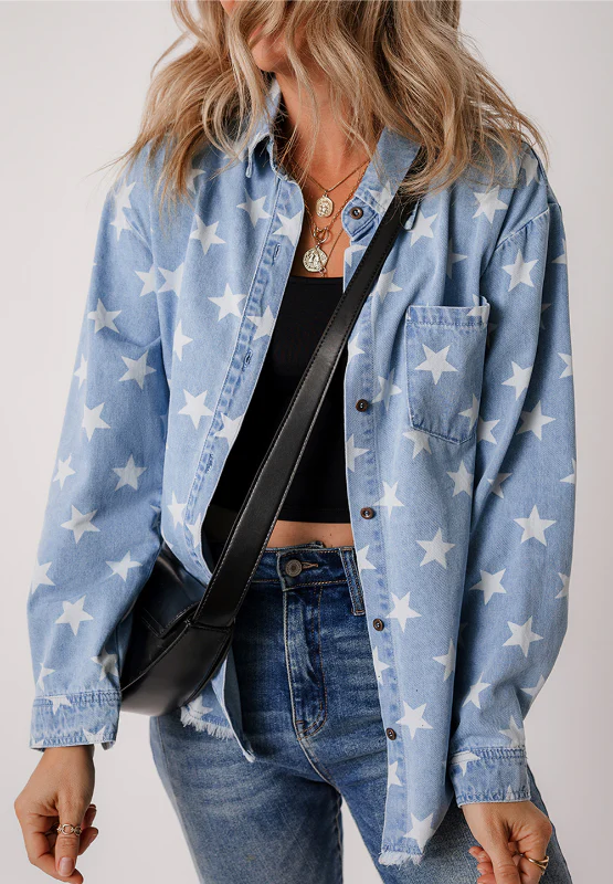 Raw Hem Star Collared Neck Denim Top - Image 2