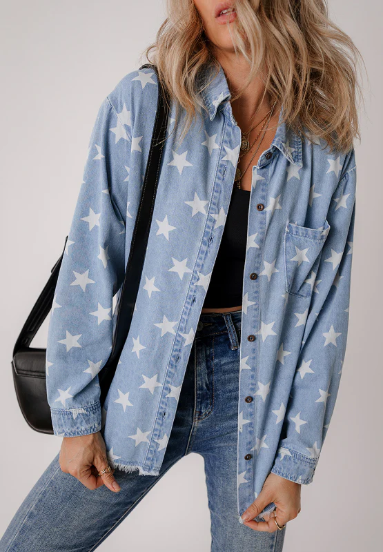 Raw Hem Star Collared Neck Denim Top - Image 3