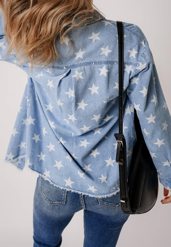 Raw Hem Star Collared Neck Denim Top - Image 4