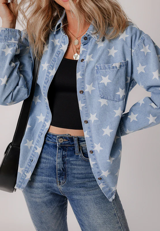 Raw Hem Star Collared Neck Denim Top - Image 5