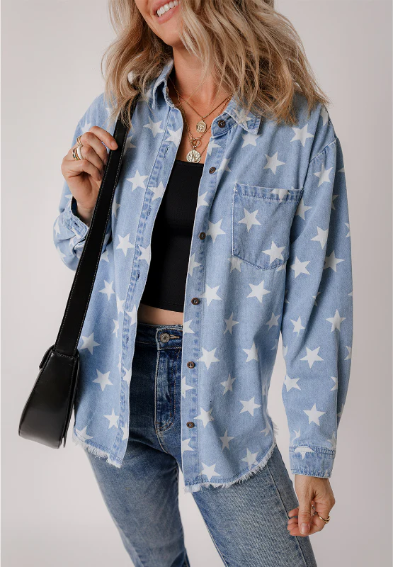 Raw Hem Star Collared Neck Denim Top - Image 6