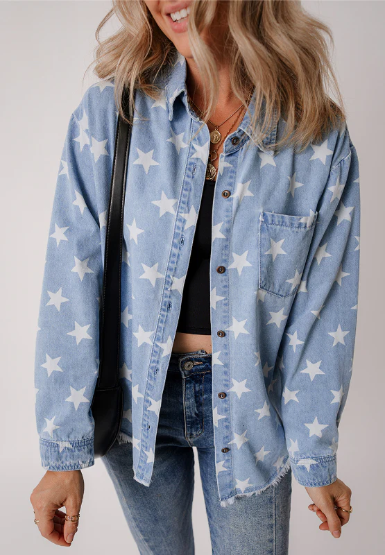 Raw Hem Star Collared Neck Denim Top - Image 7