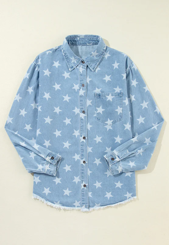 Raw Hem Star Collared Neck Denim Top - Image 8