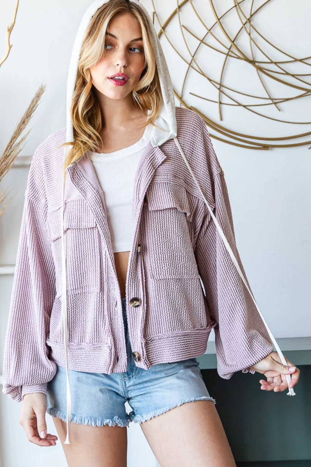 Reborn J Contrast Hooded Button Down Ribbed Jacket - Image 5