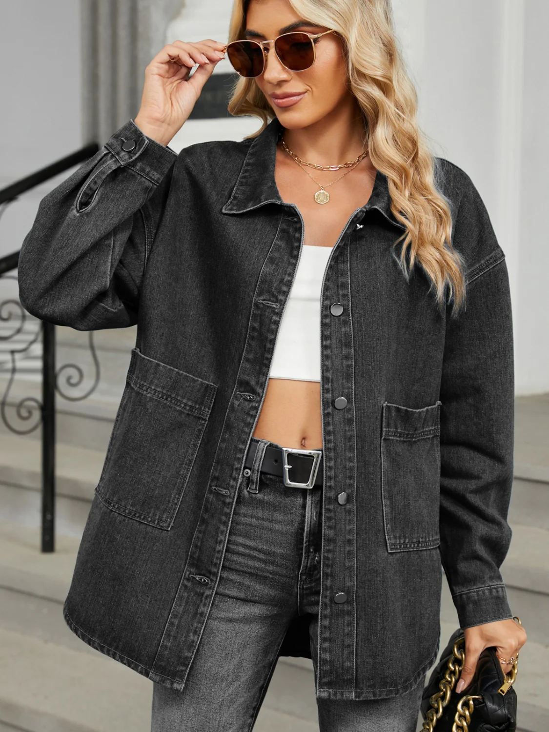 Removable Hood Button Up Long Sleeve Denim Jacket - Image 5