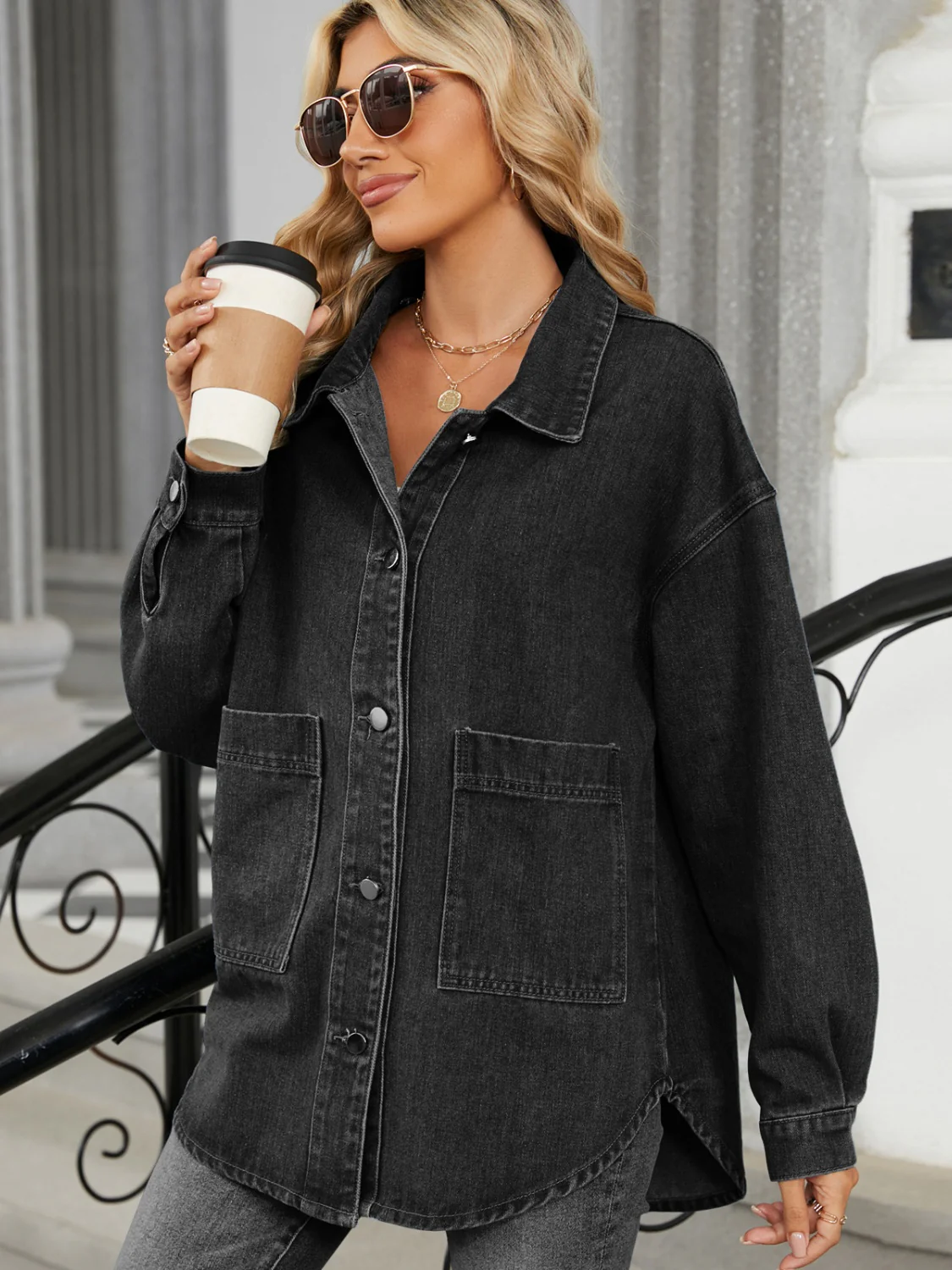 Removable Hood Button Up Long Sleeve Denim Jacket - Image 9