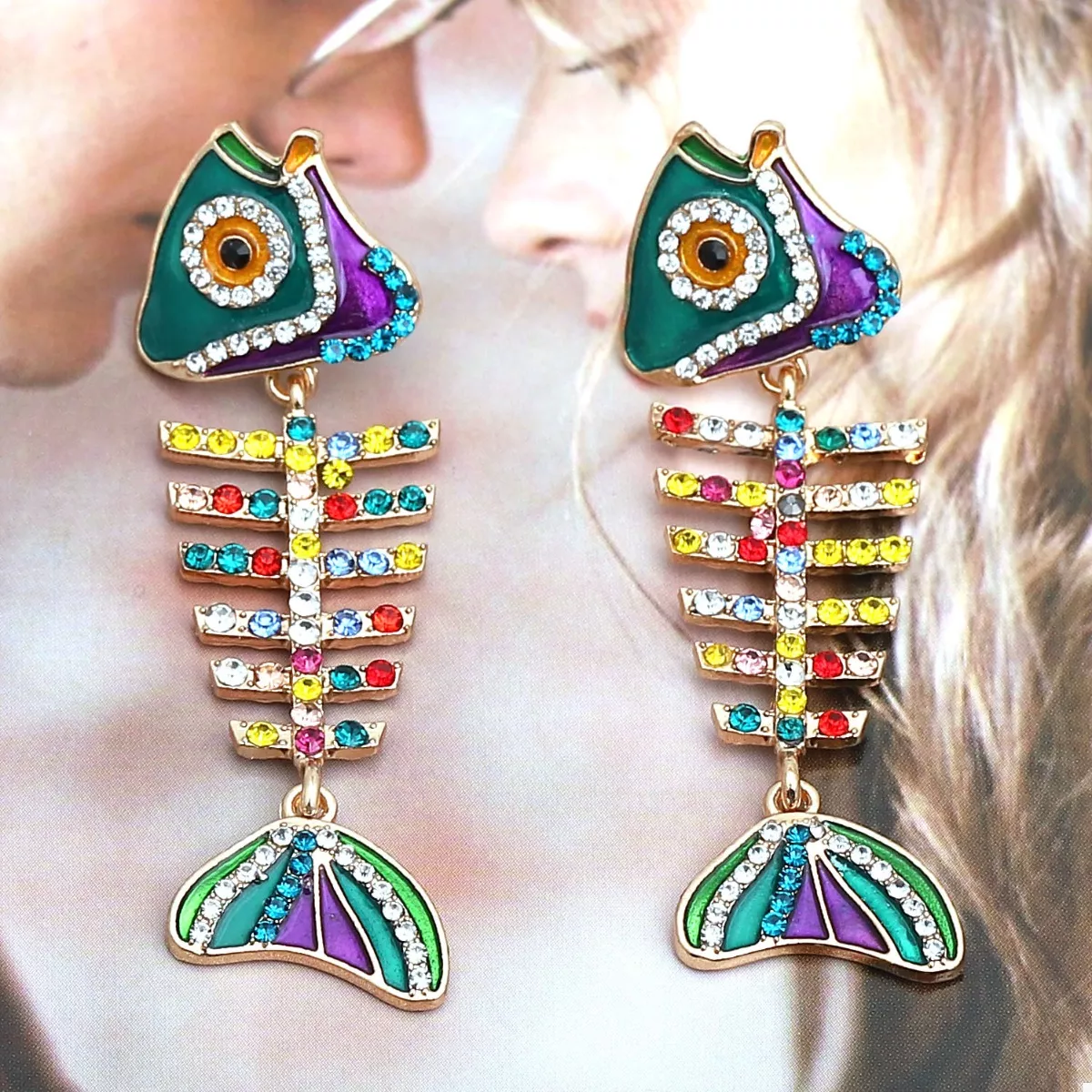 Rhinestone Colorful Fish Bone Statement Earrings - Image 2