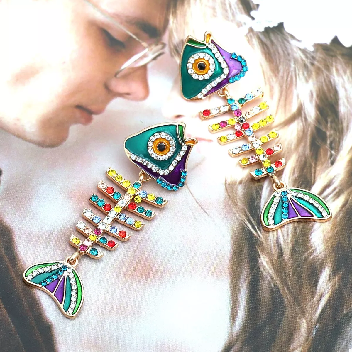 Rhinestone Colorful Fish Bone Statement Earrings - Image 3