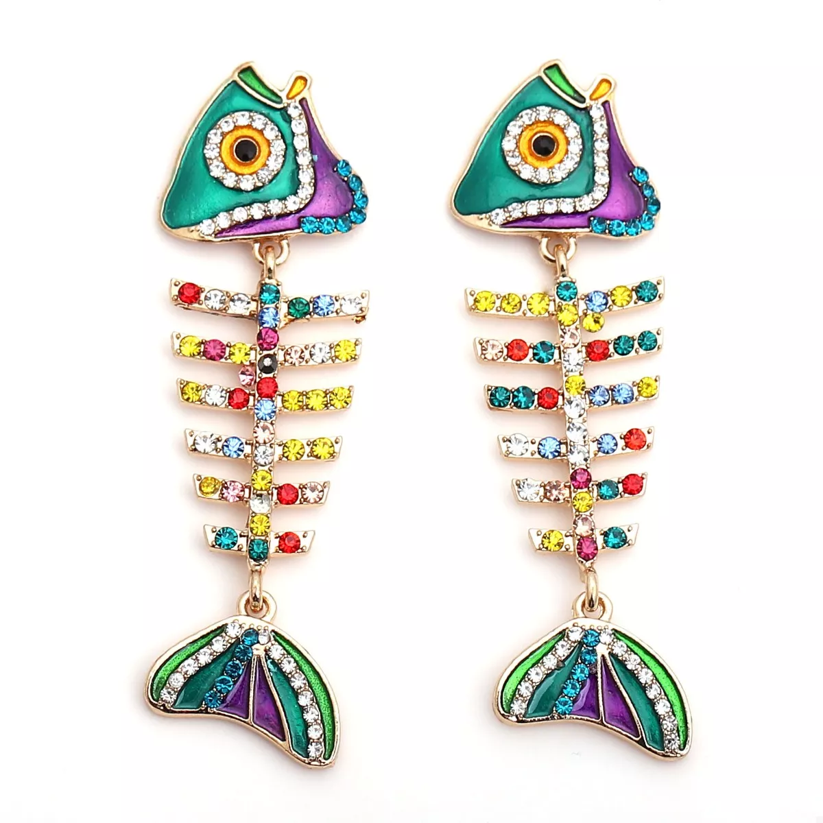 Rhinestone Colorful Fish Bone Statement Earrings - Image 4