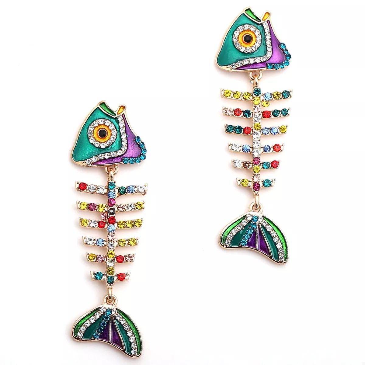 Rhinestone Colorful Fish Bone Statement Earrings - Image 5