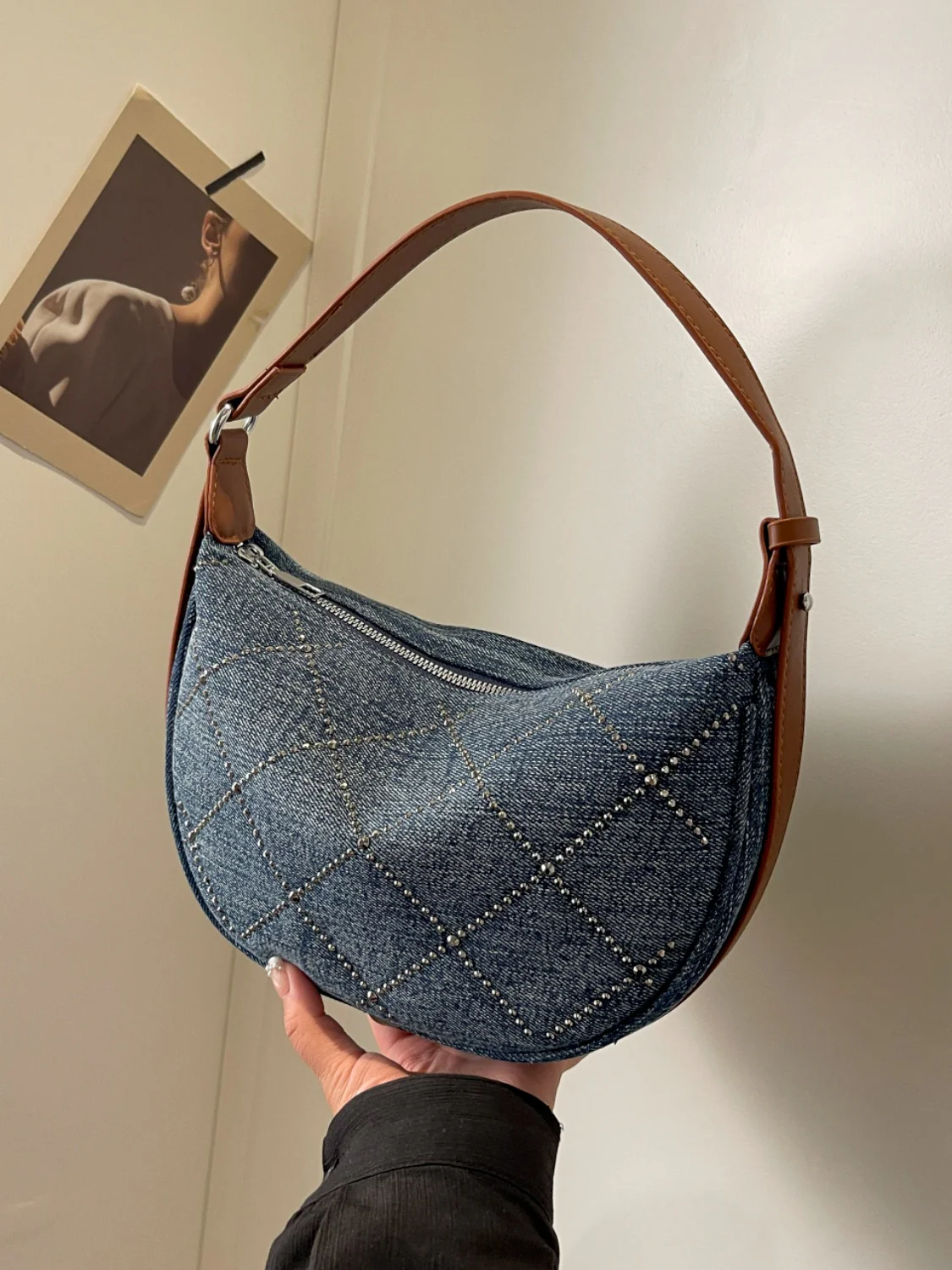 Rhinestone Denim Shoulder Bag - Image 4