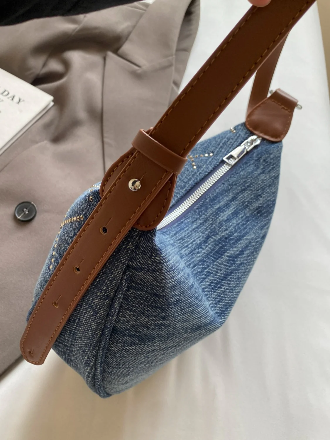 Rhinestone Denim Shoulder Bag - Image 5