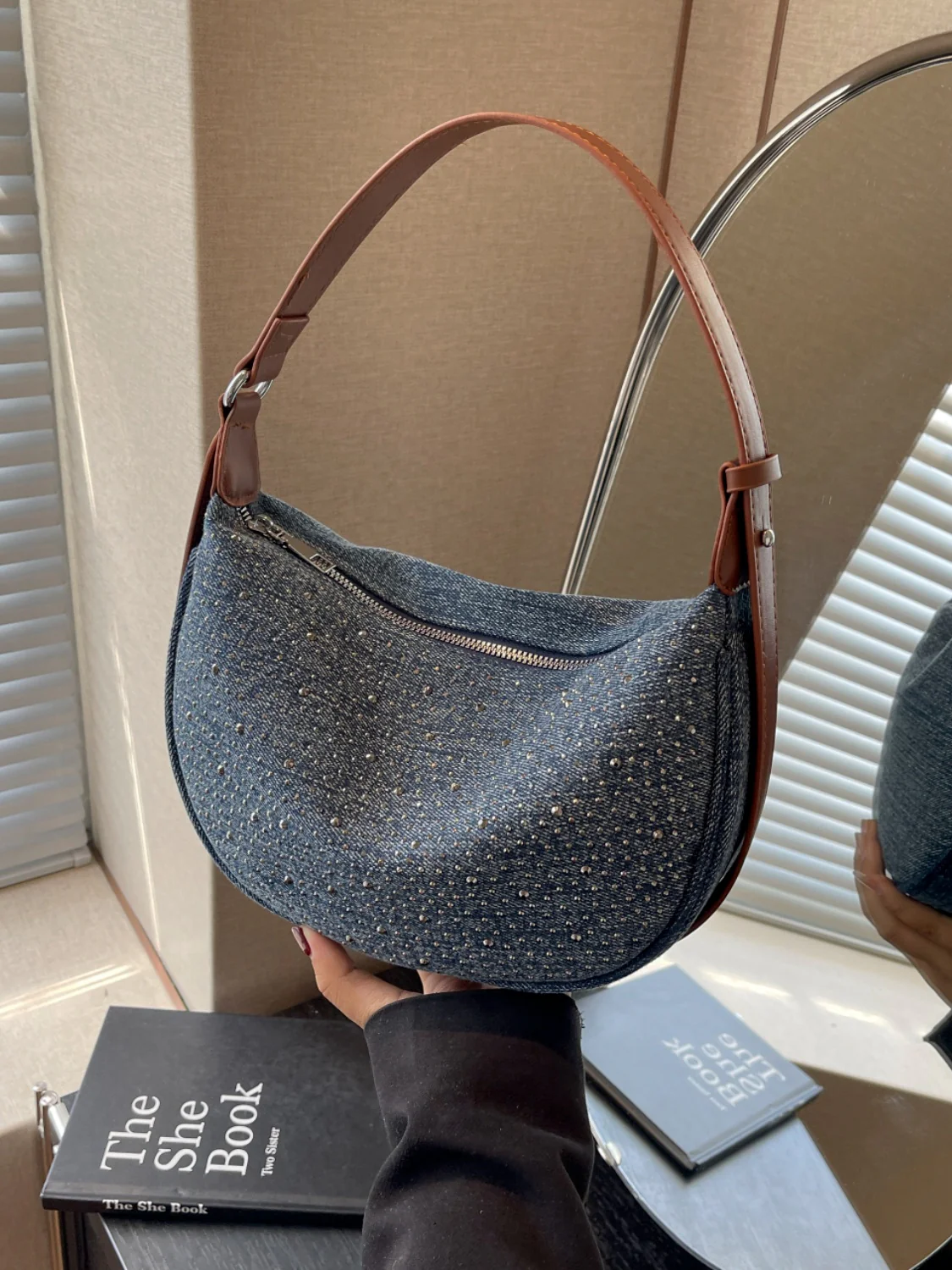 Rhinestone Denim Shoulder Bag - Image 7