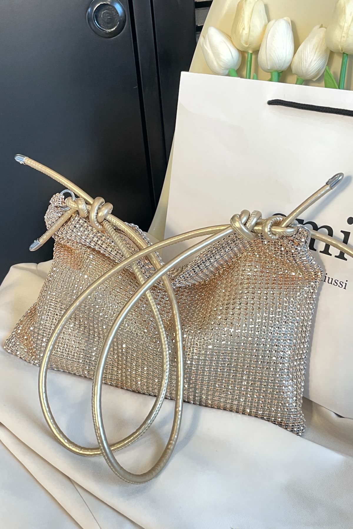 Rhinestone Knotted Strap Crossbody Bag - Image 7