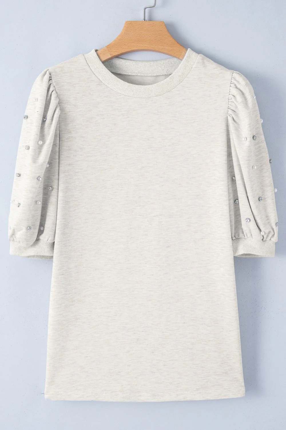 Rhinestone Pearl Detail Round Neck Puff Sleeve Top - Image 5