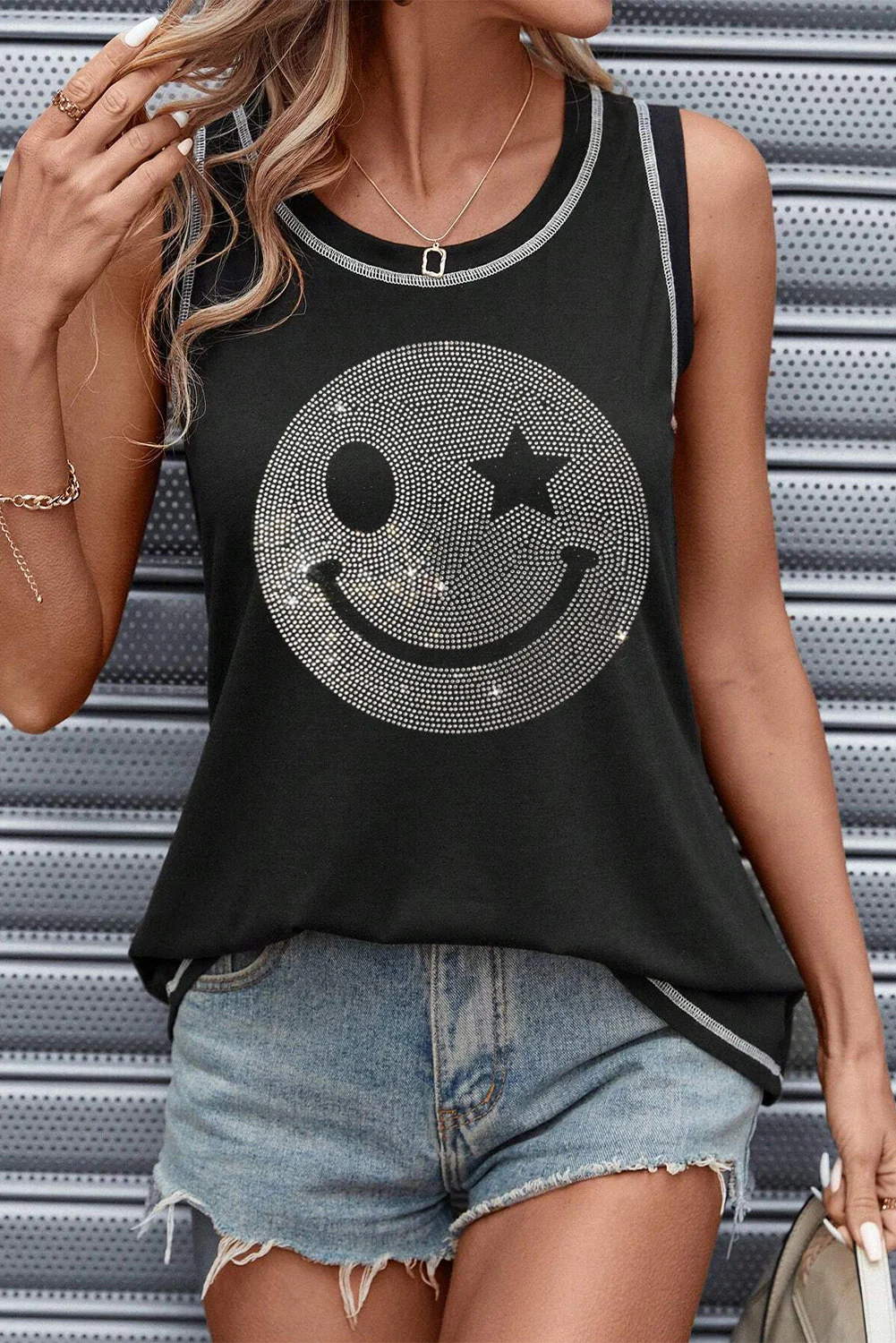 Rhinestone Smile Face Round Neck Tank - Image 3