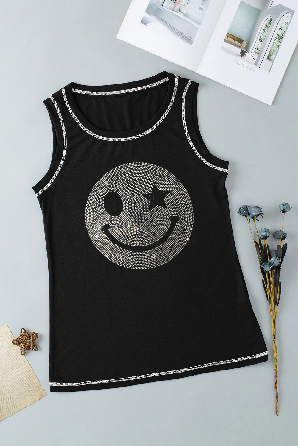 Rhinestone Smile Face Round Neck Tank - Image 7