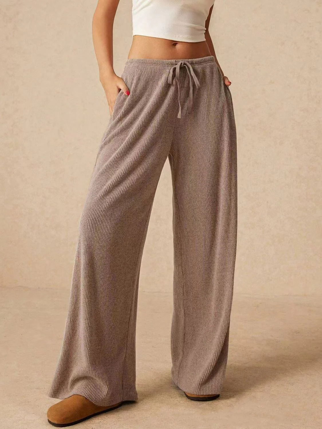 Ribbed Drawstring Wide Leg Pants - Image 3