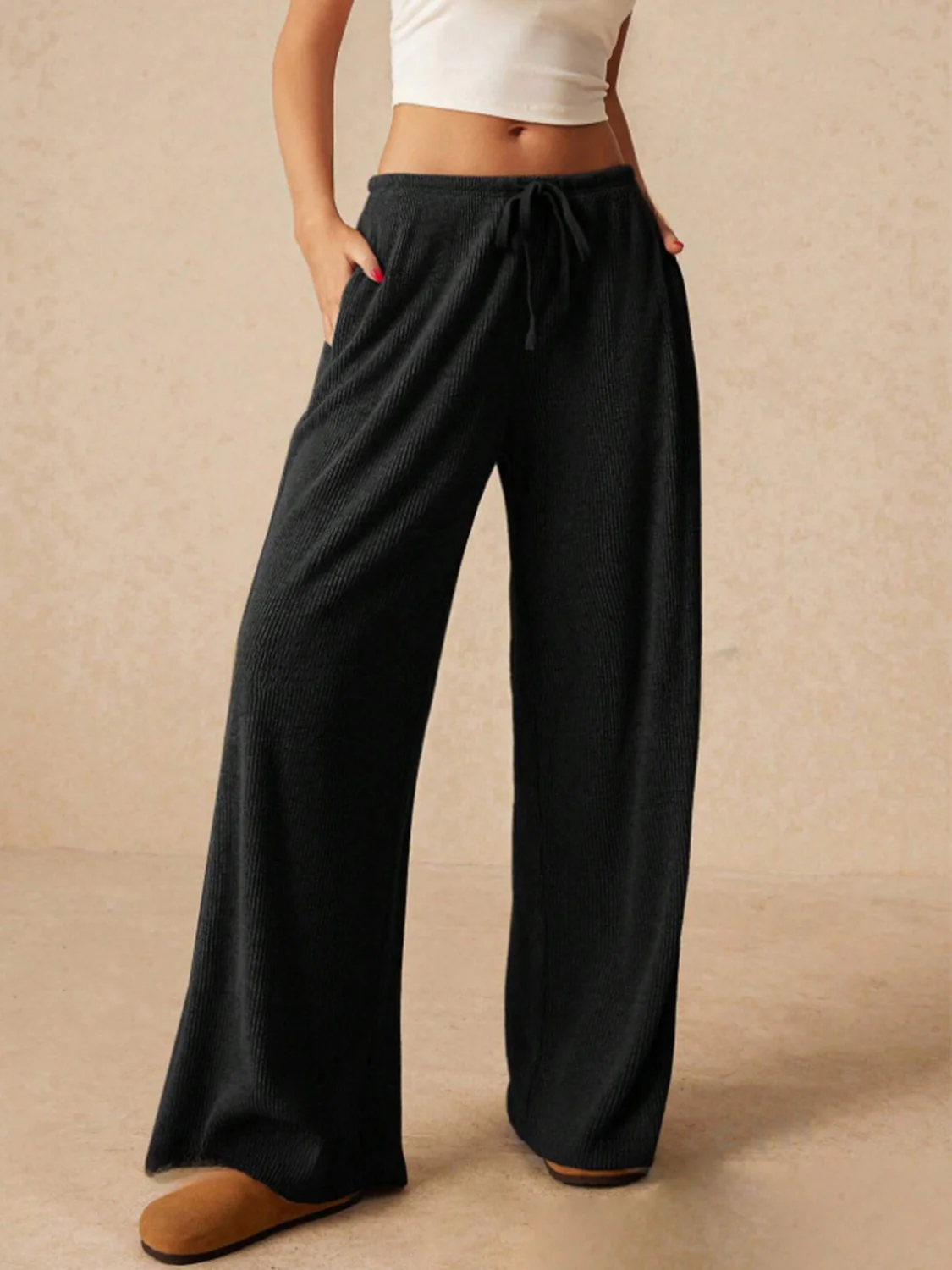 Ribbed Drawstring Wide Leg Pants - Image 4