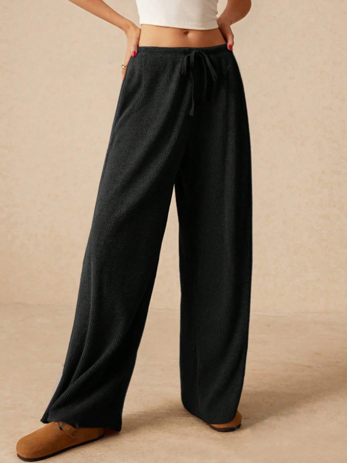 Ribbed Drawstring Wide Leg Pants - Image 5