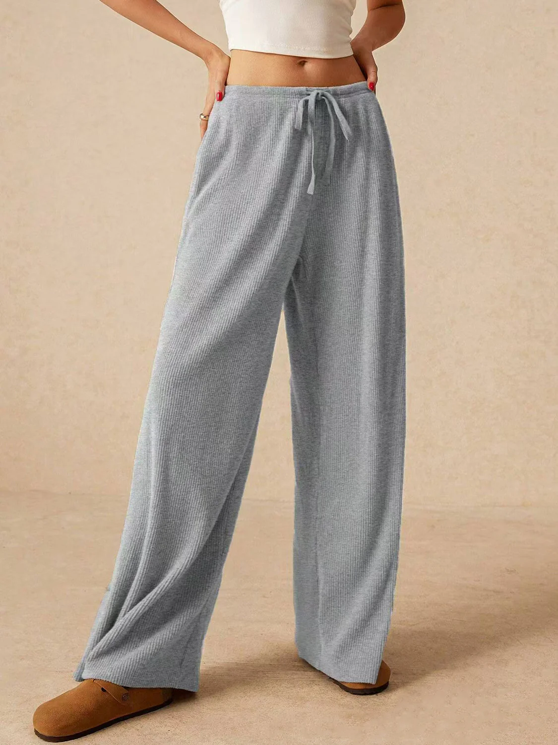 Ribbed Drawstring Wide Leg Pants - Image 8