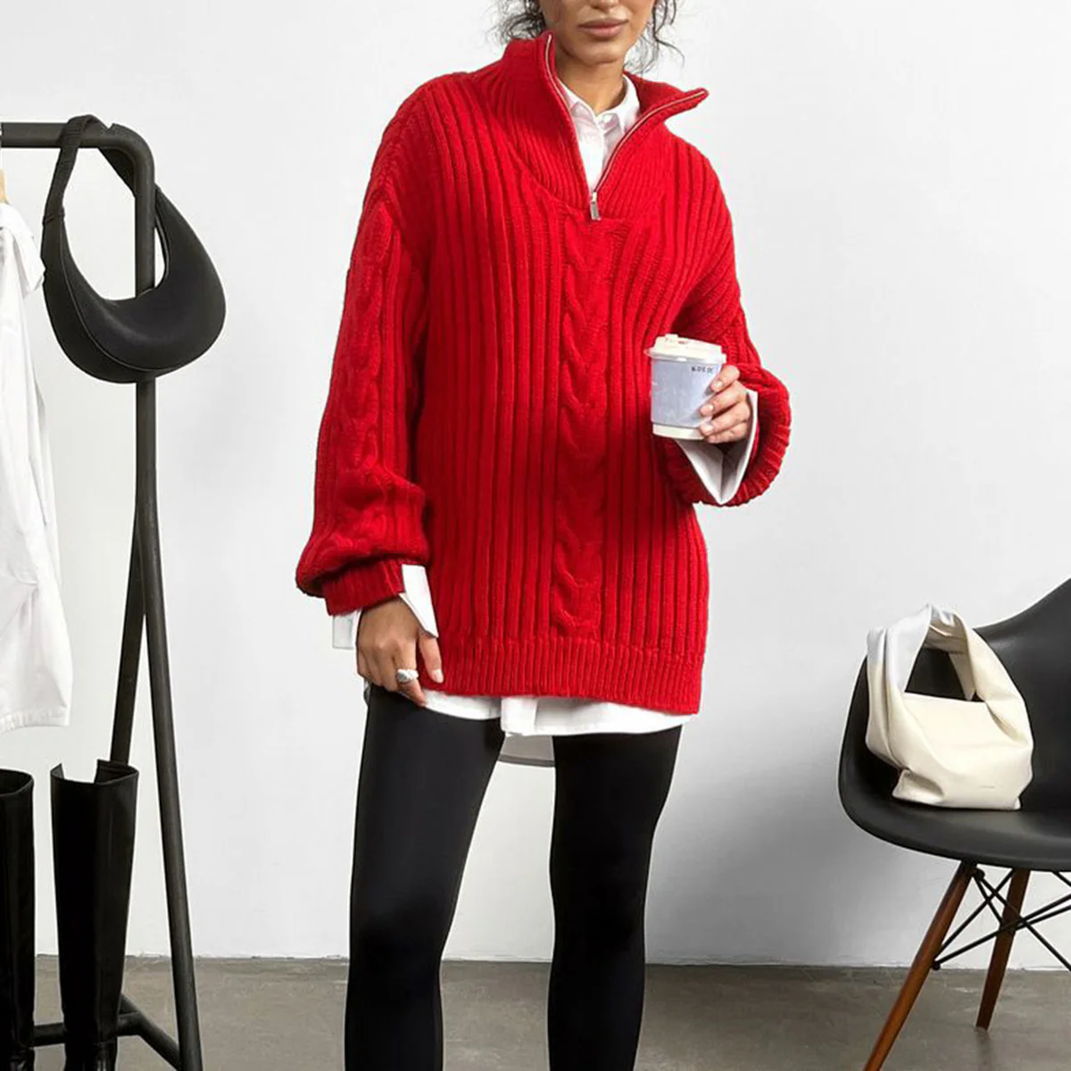 Ribbed Half Zip Long Sleeve Sweater - Image 7