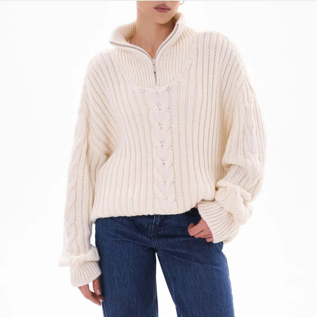 Ribbed Half Zip Long Sleeve Sweater - Image 9