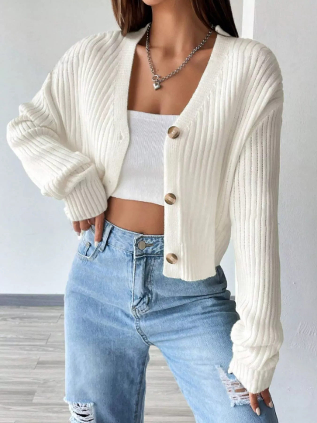 Ribbed Knit Button-Up Cropped Cardigan - Image 2