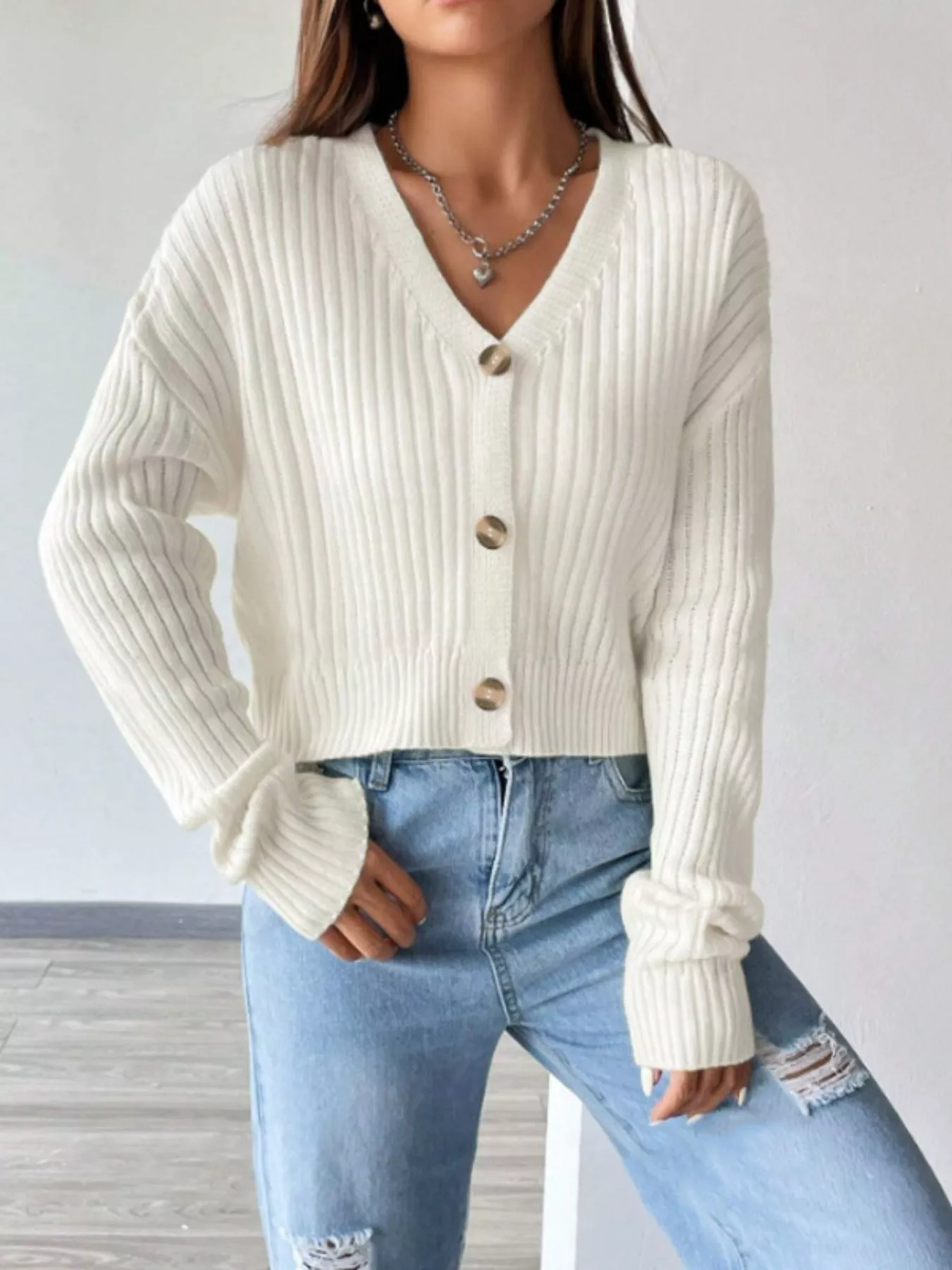 Ribbed Knit Button-Up Cropped Cardigan - Image 3