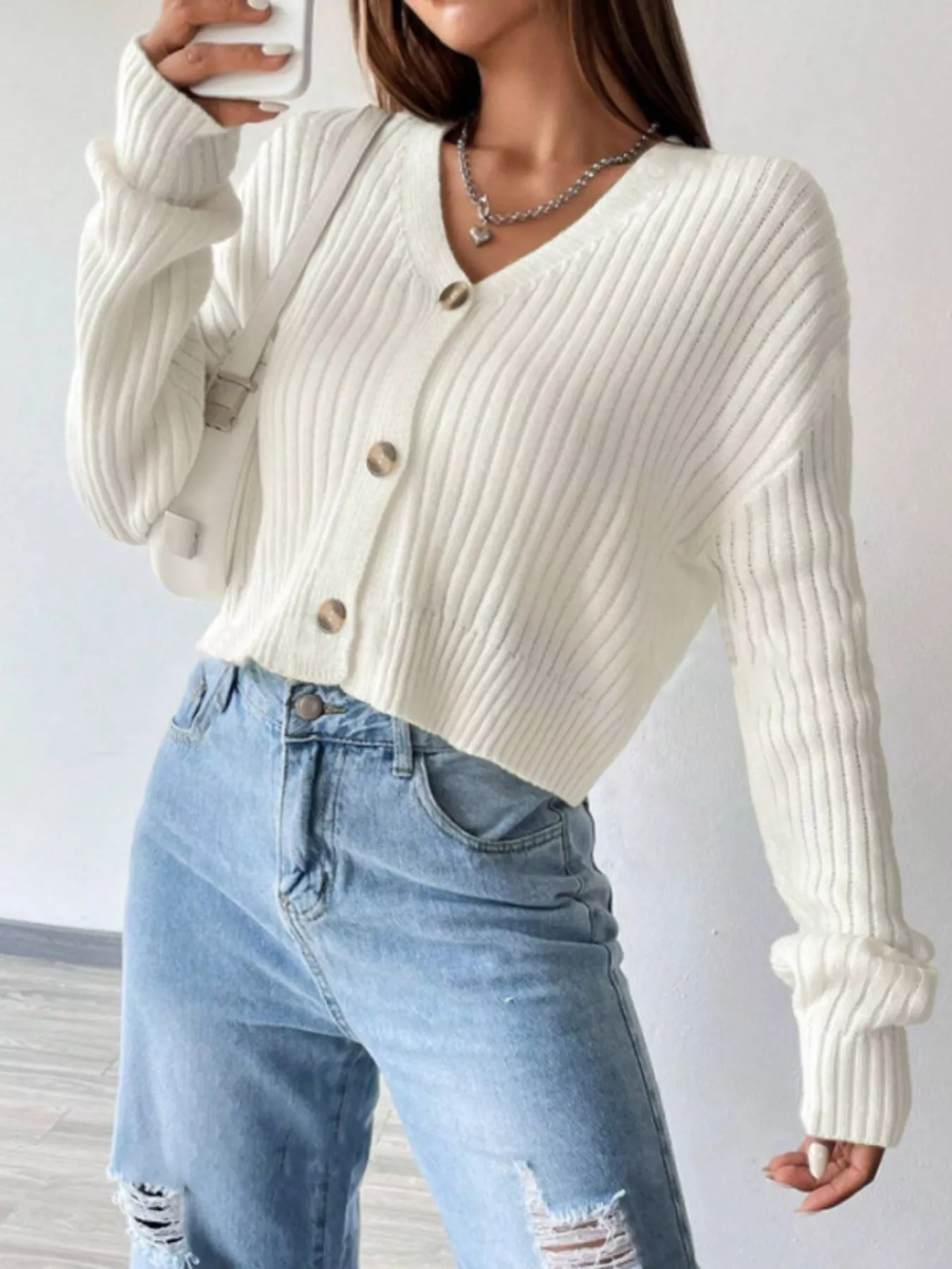 Ribbed Knit Button-Up Cropped Cardigan - Image 4