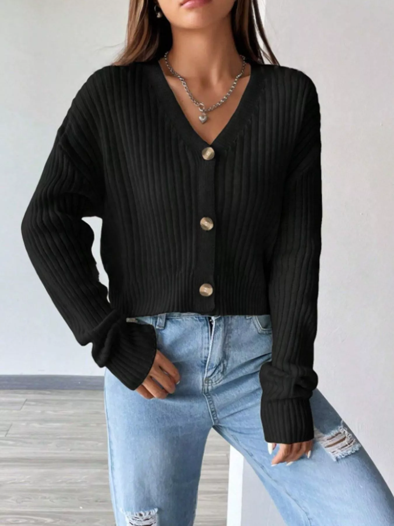 Ribbed Knit Button-Up Cropped Cardigan - Image 7