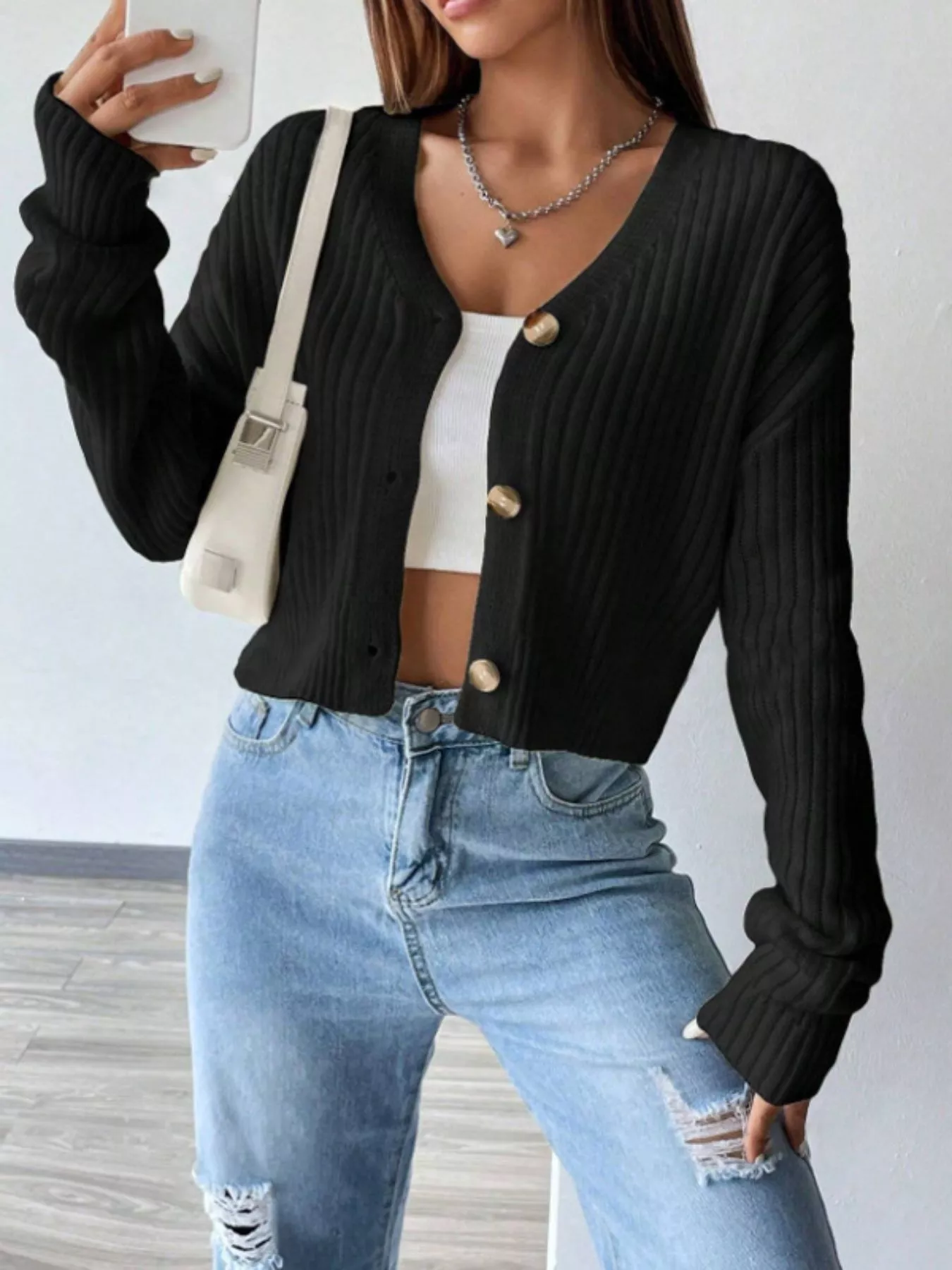 Ribbed Knit Button-Up Cropped Cardigan - Image 8