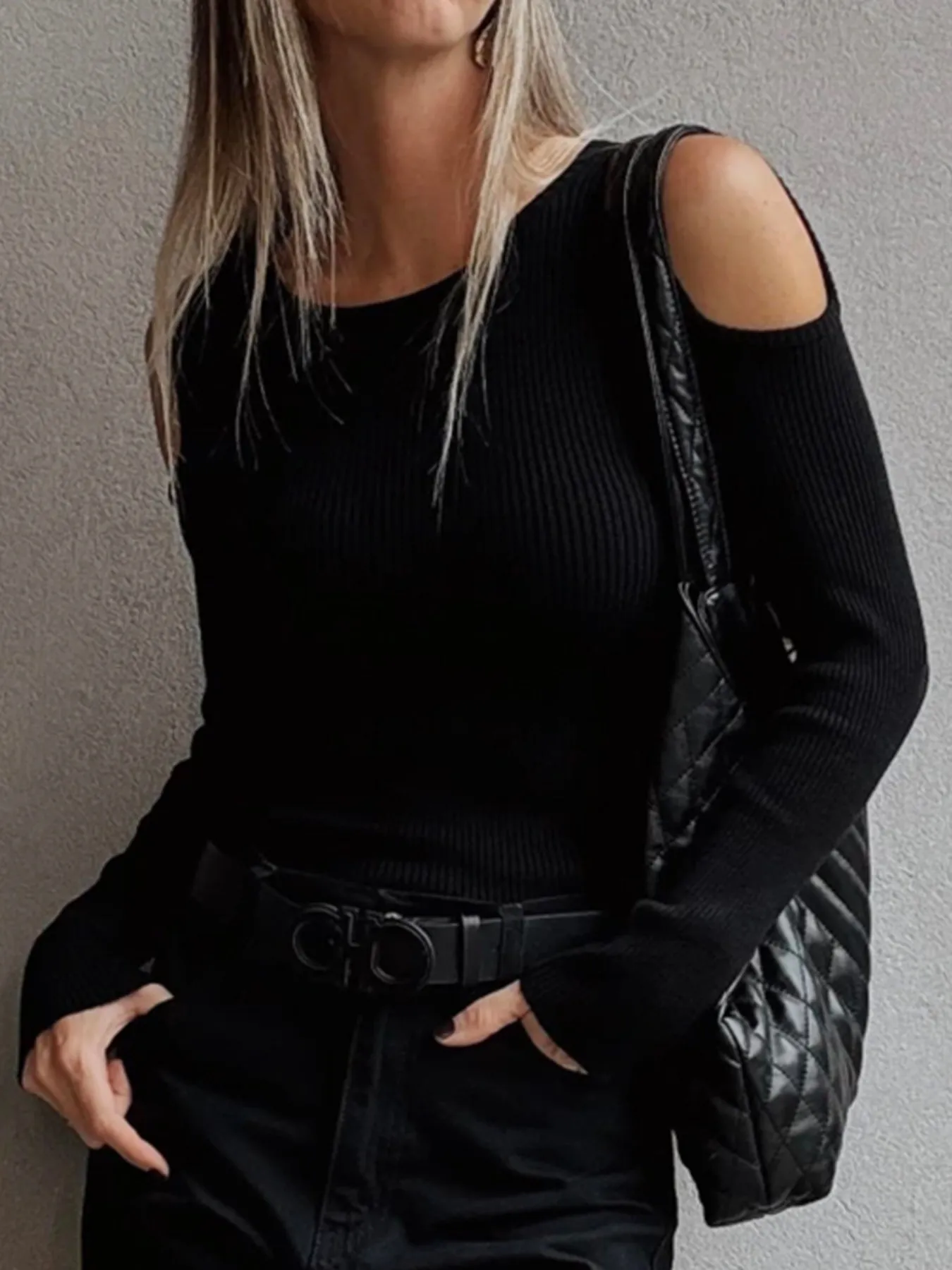 Ribbed Knit Cold Shoulder Sweater - Image 2