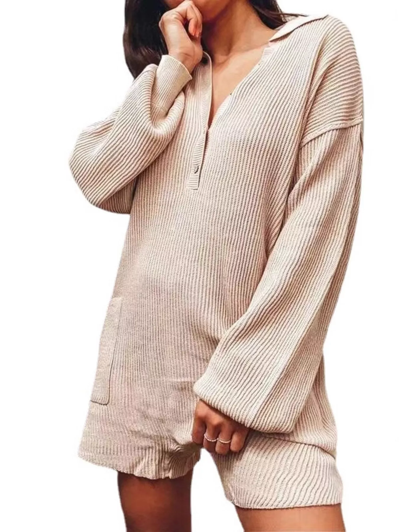 Ribbed Knit Long Sleeve Romper - Image 2