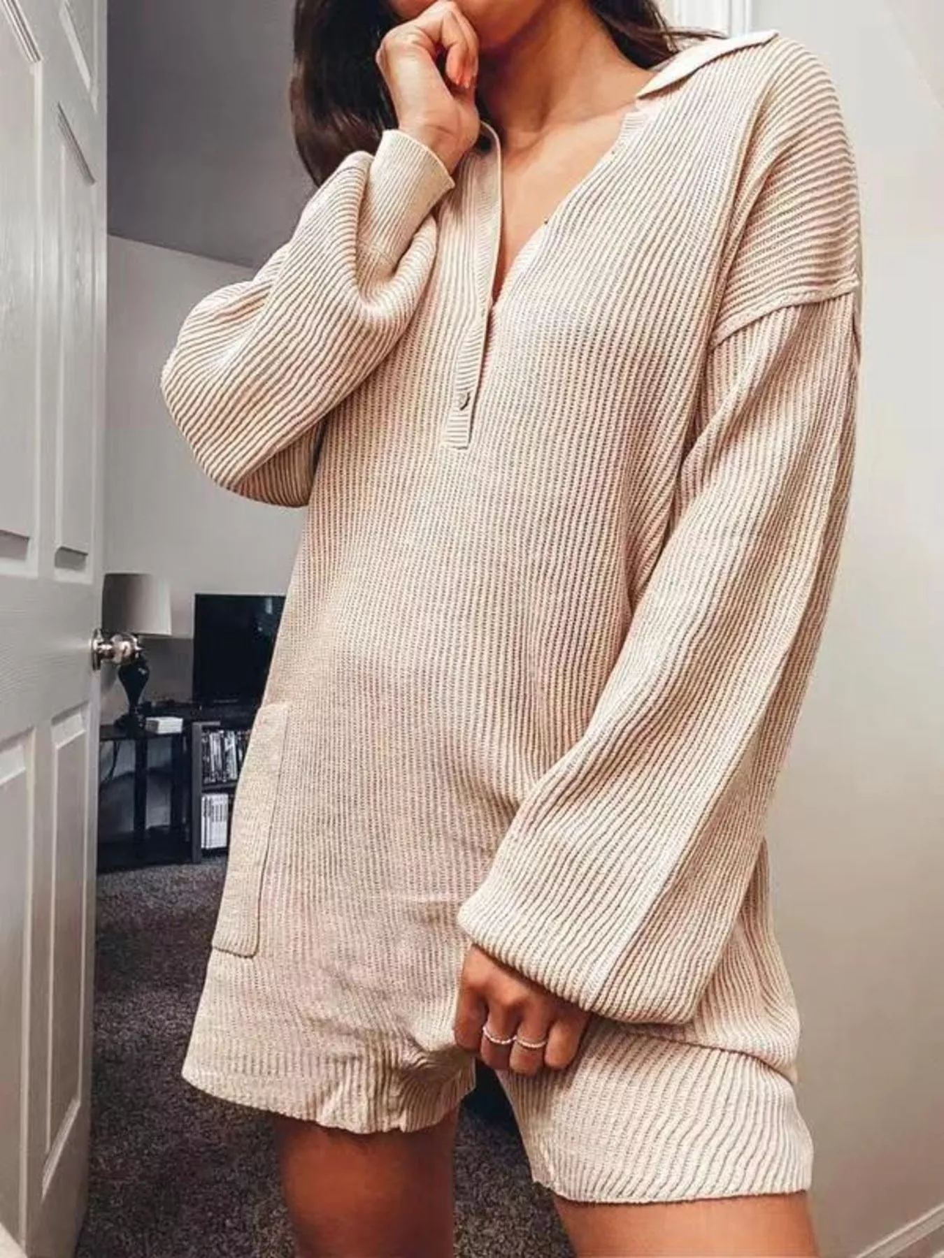 Ribbed Knit Long Sleeve Romper - Image 25