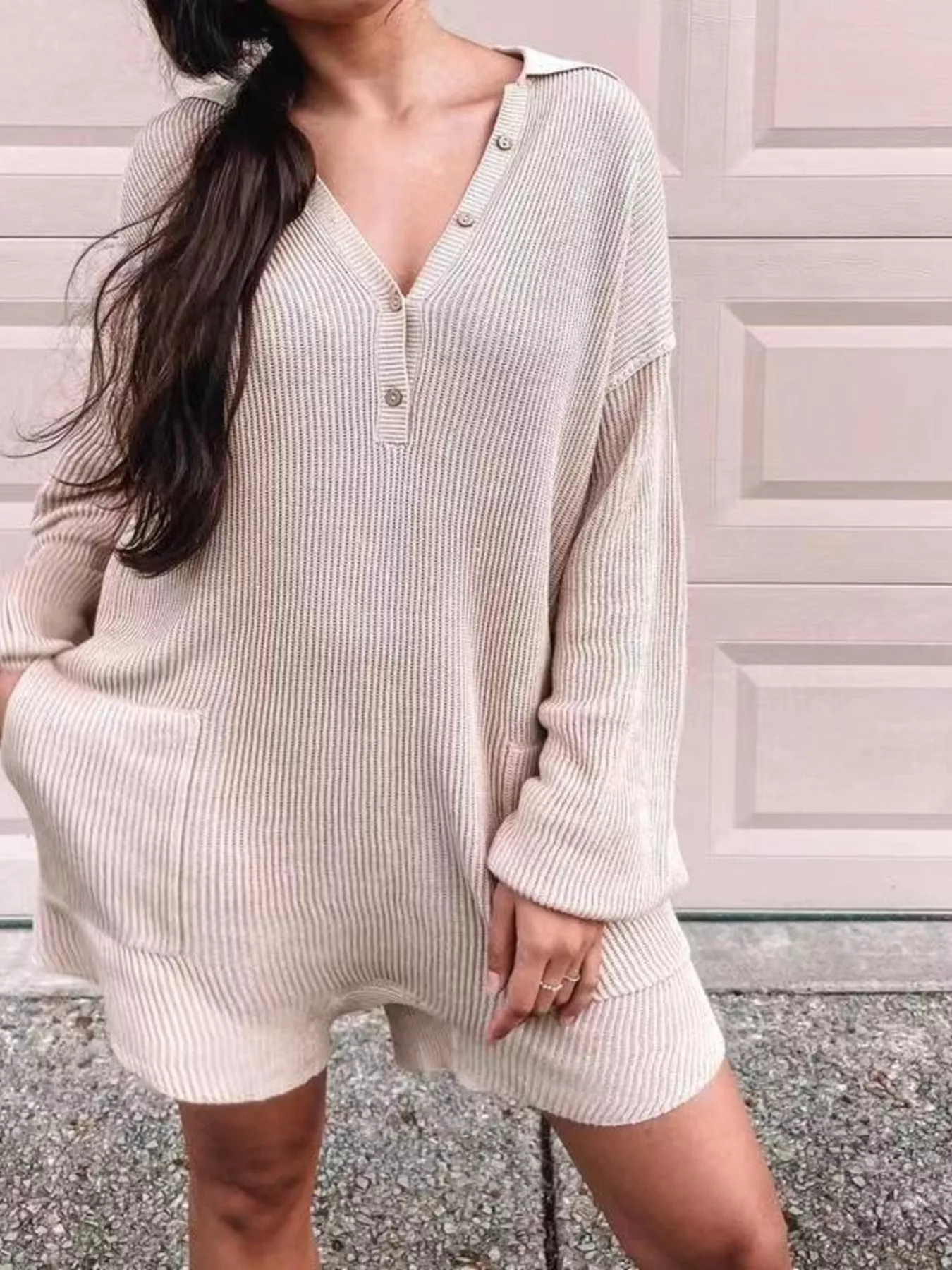 Ribbed Knit Long Sleeve Romper - Image 3