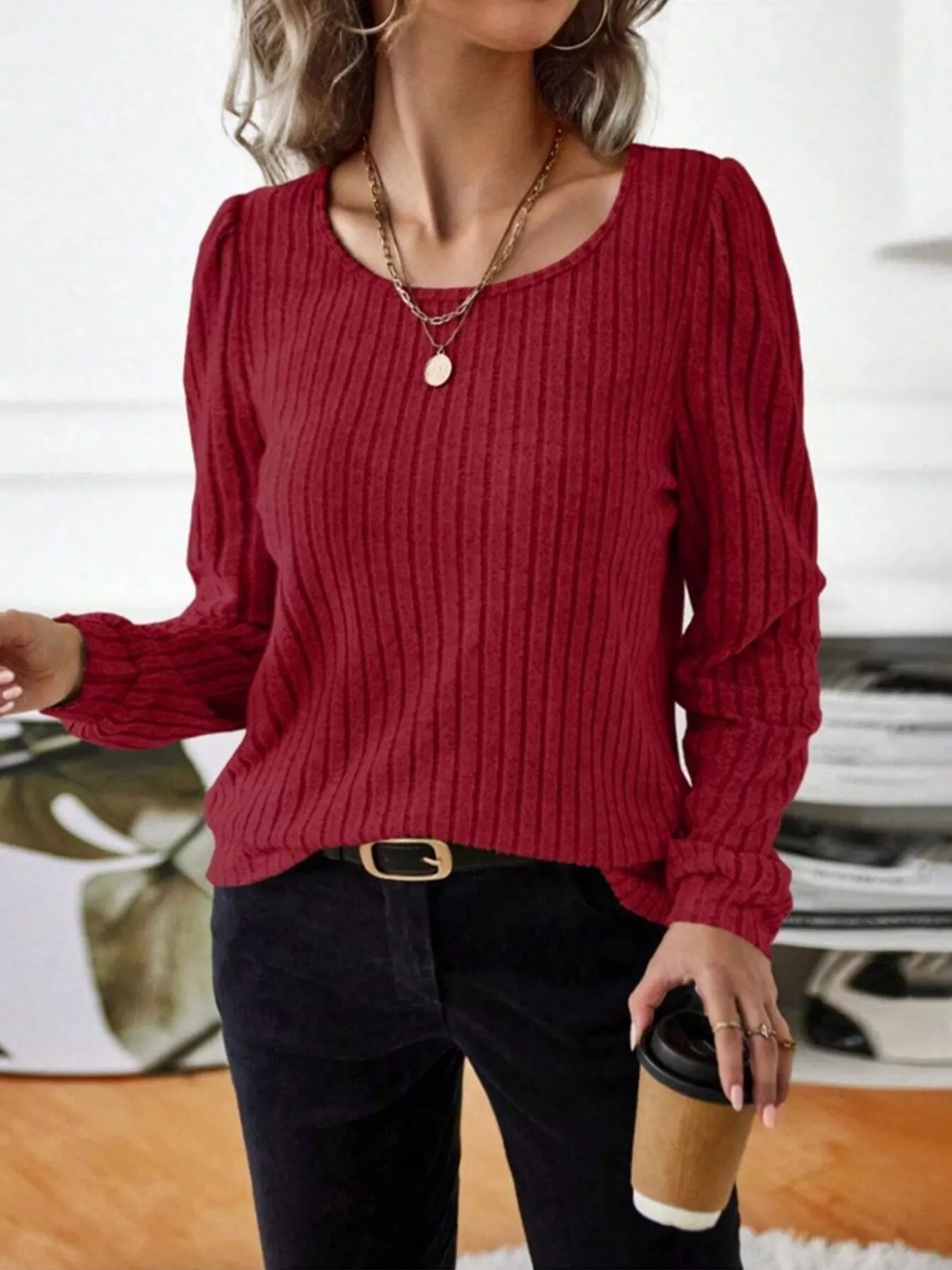 Ribbed Knit Long Sleeve T-Shirt - Image 10
