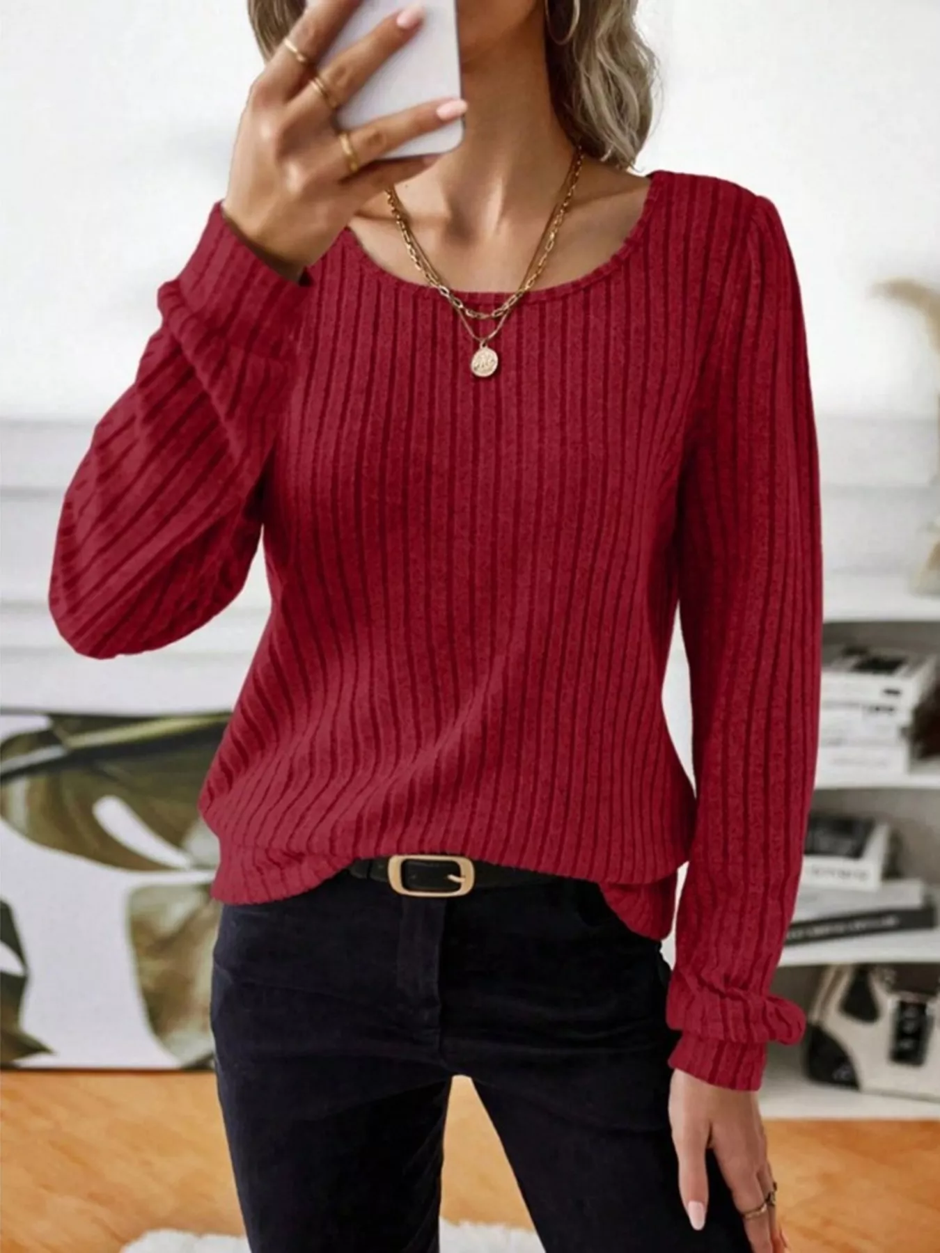 Ribbed Knit Long Sleeve T-Shirt - Image 11