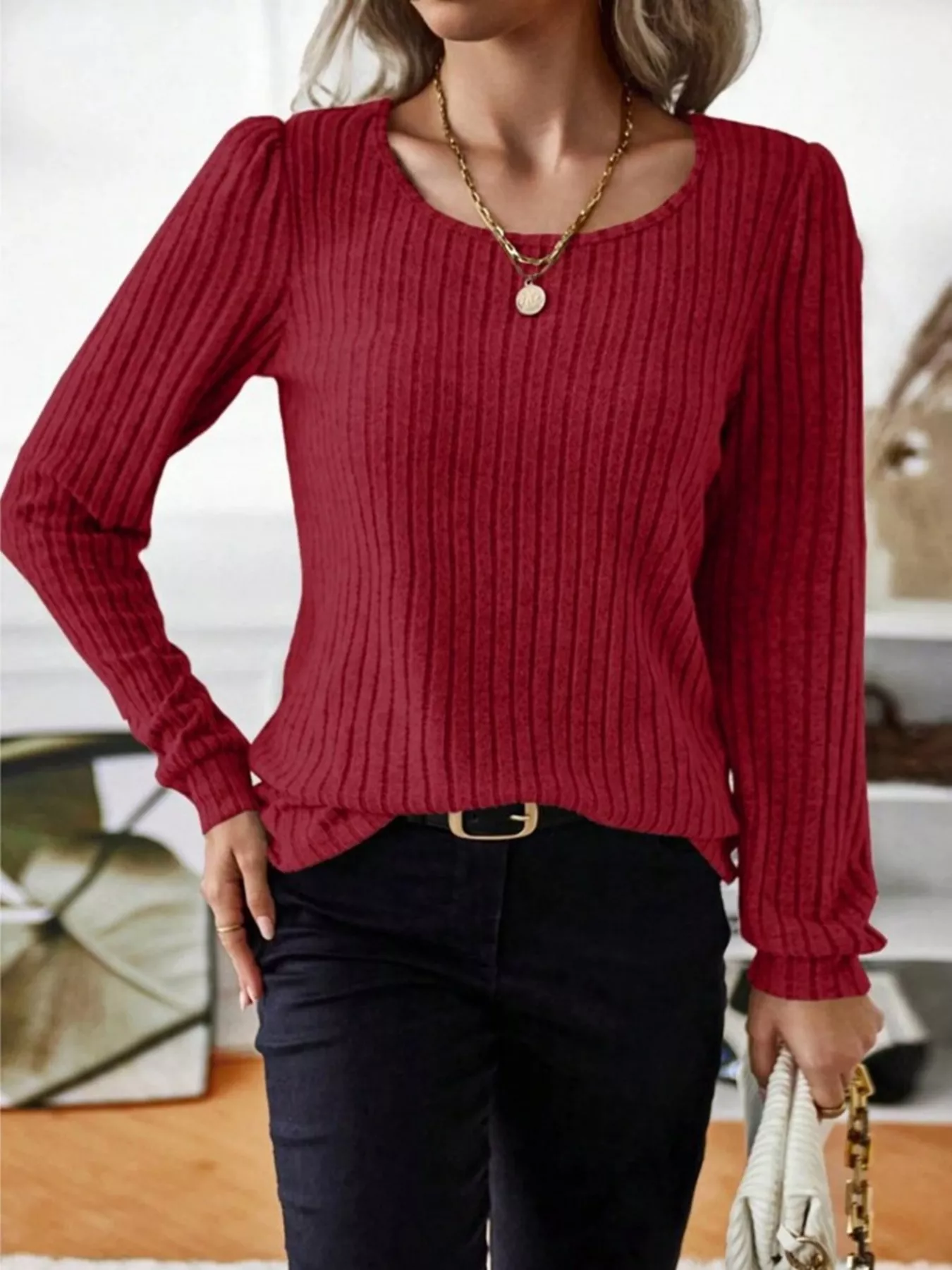 Ribbed Knit Long Sleeve T-Shirt - Image 12