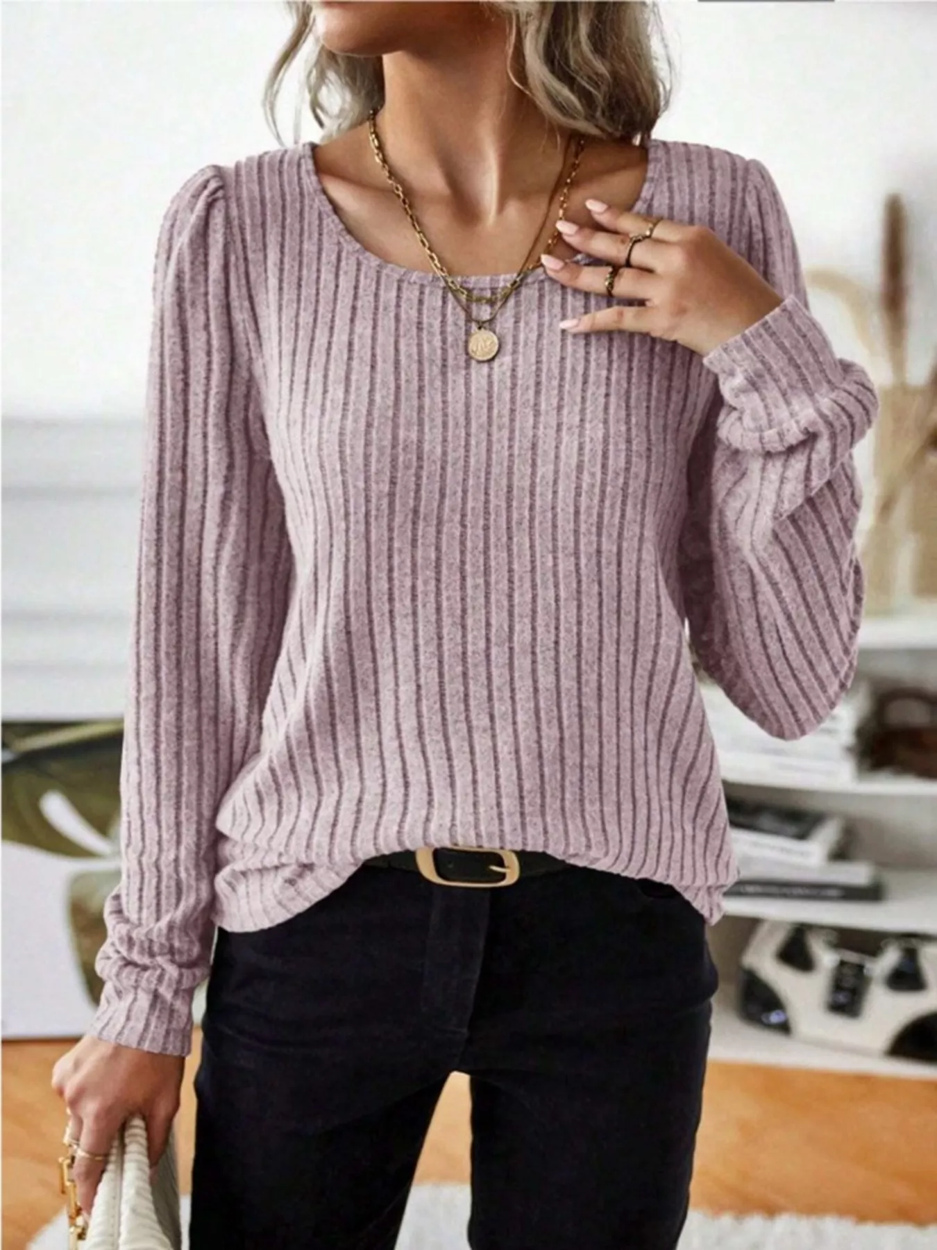Ribbed Knit Long Sleeve T-Shirt - Image 13