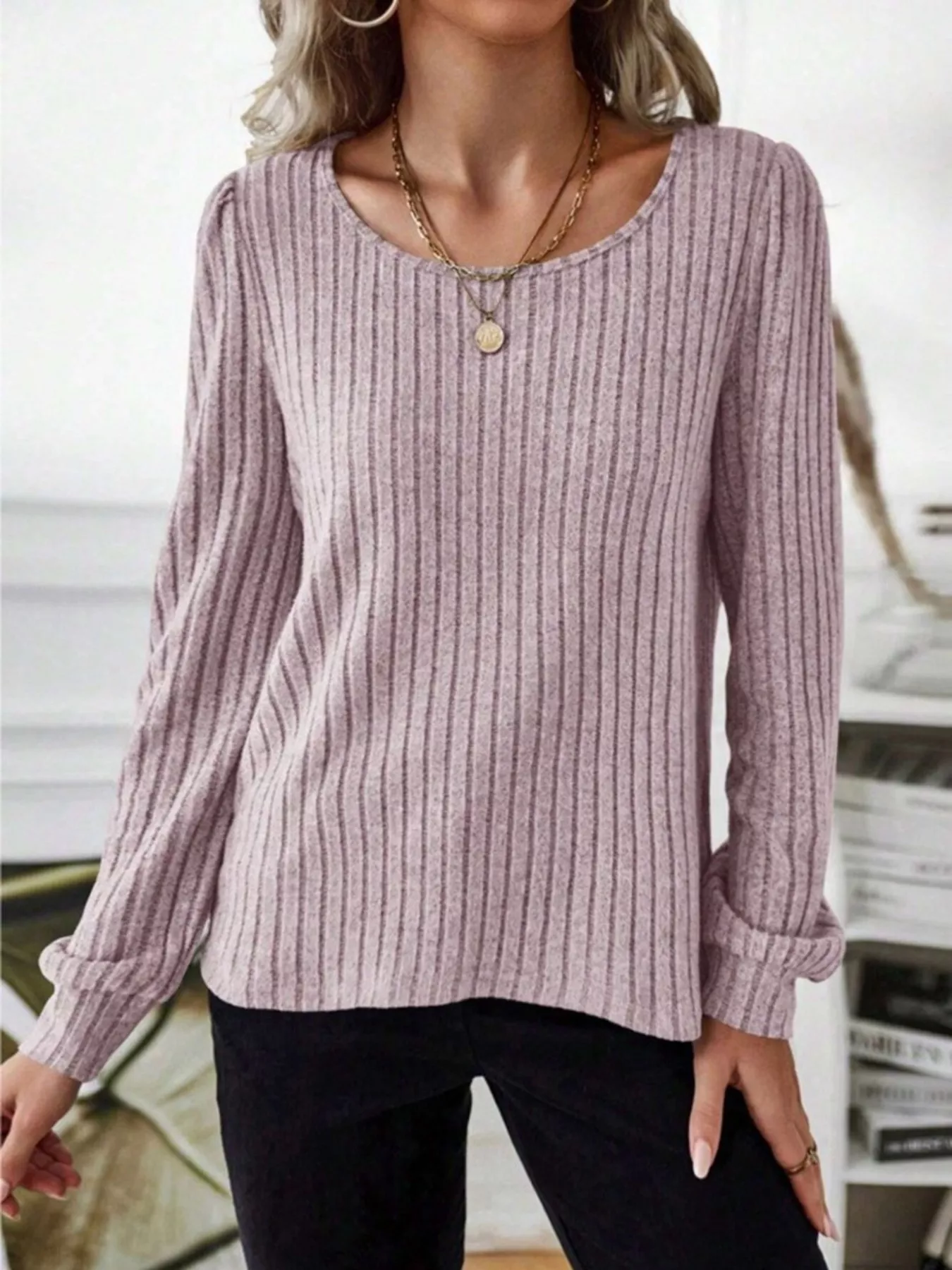 Ribbed Knit Long Sleeve T-Shirt - Image 15