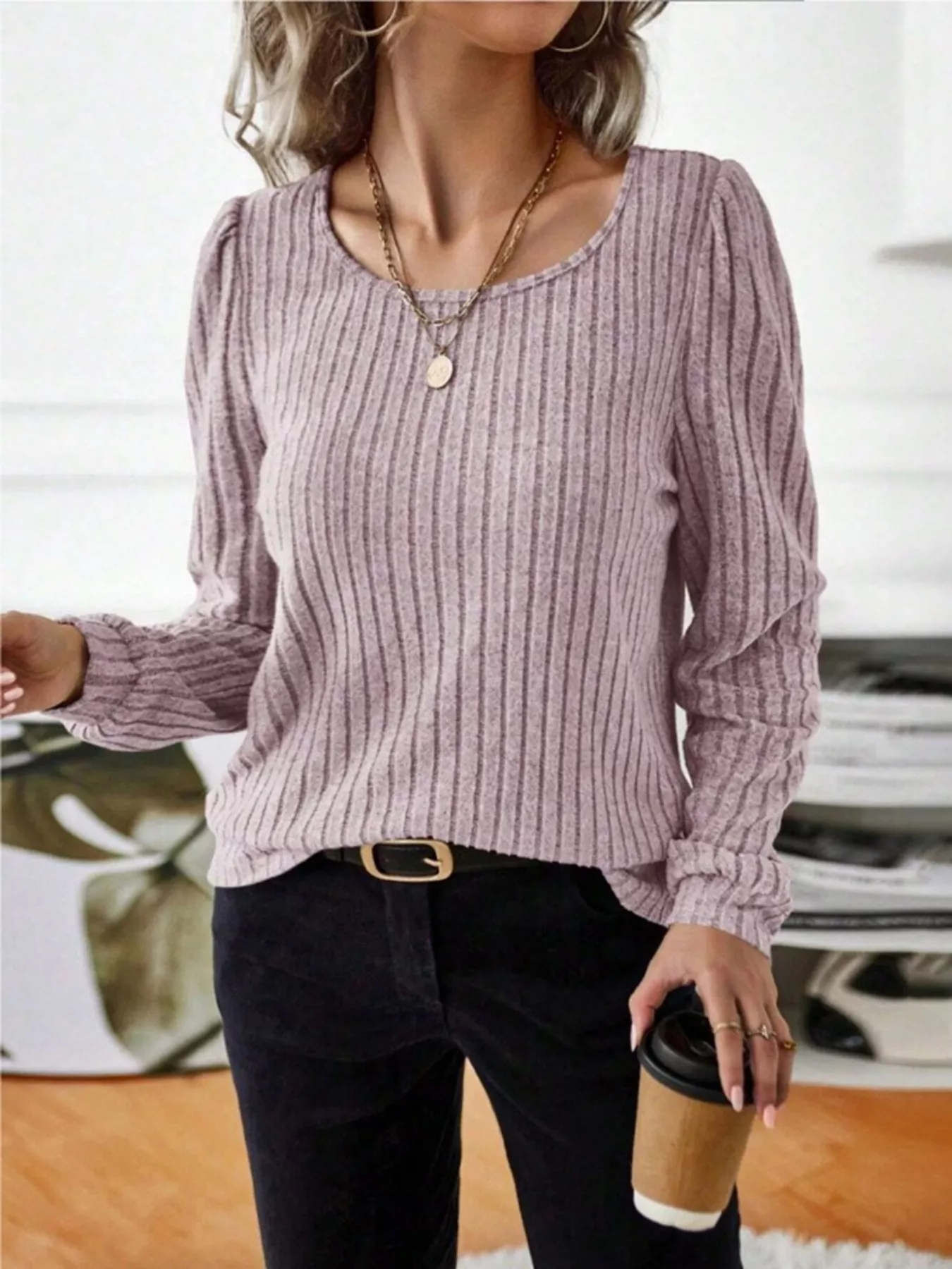 Ribbed Knit Long Sleeve T-Shirt - Image 16