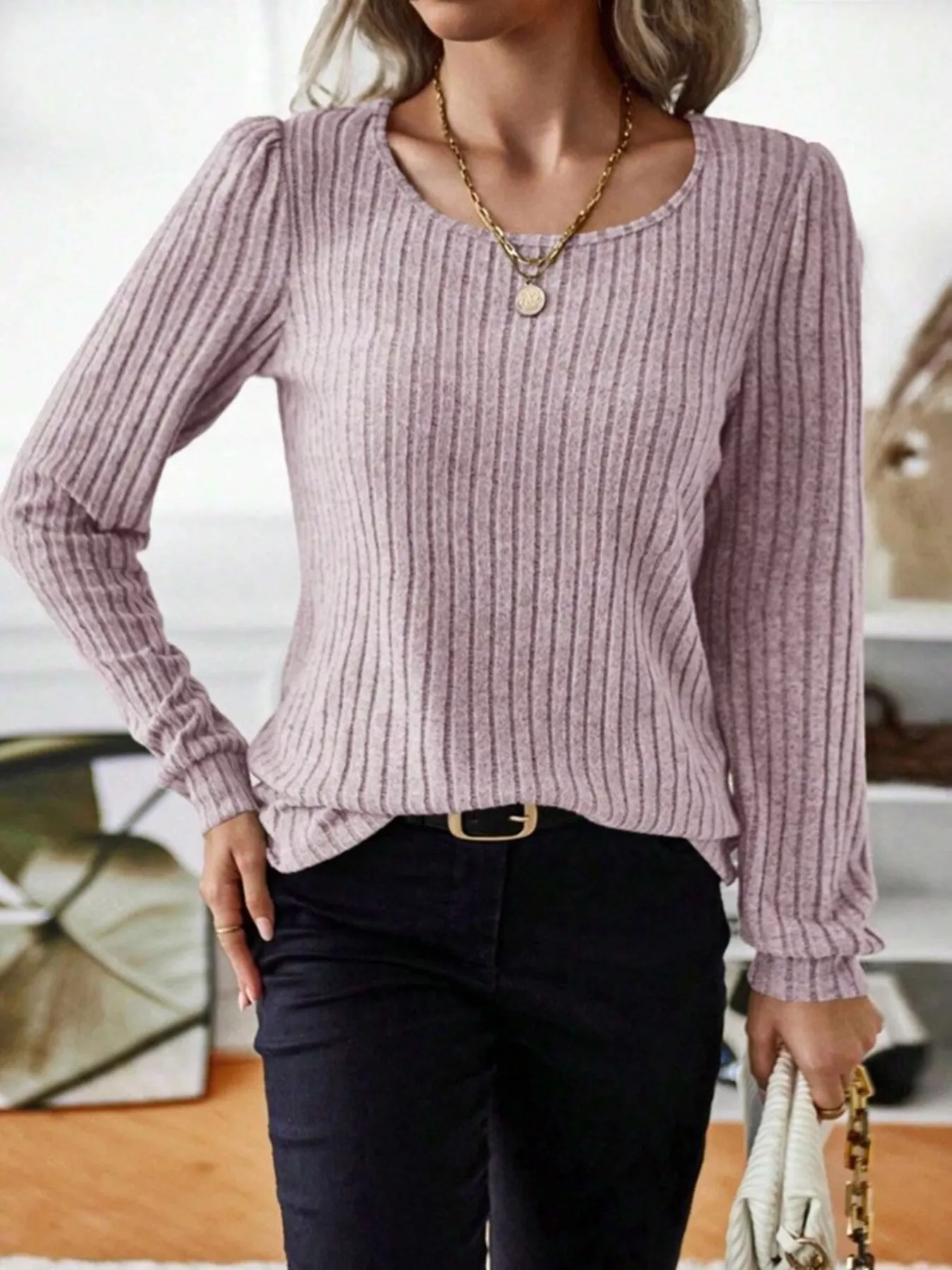 Ribbed Knit Long Sleeve T-Shirt - Image 17
