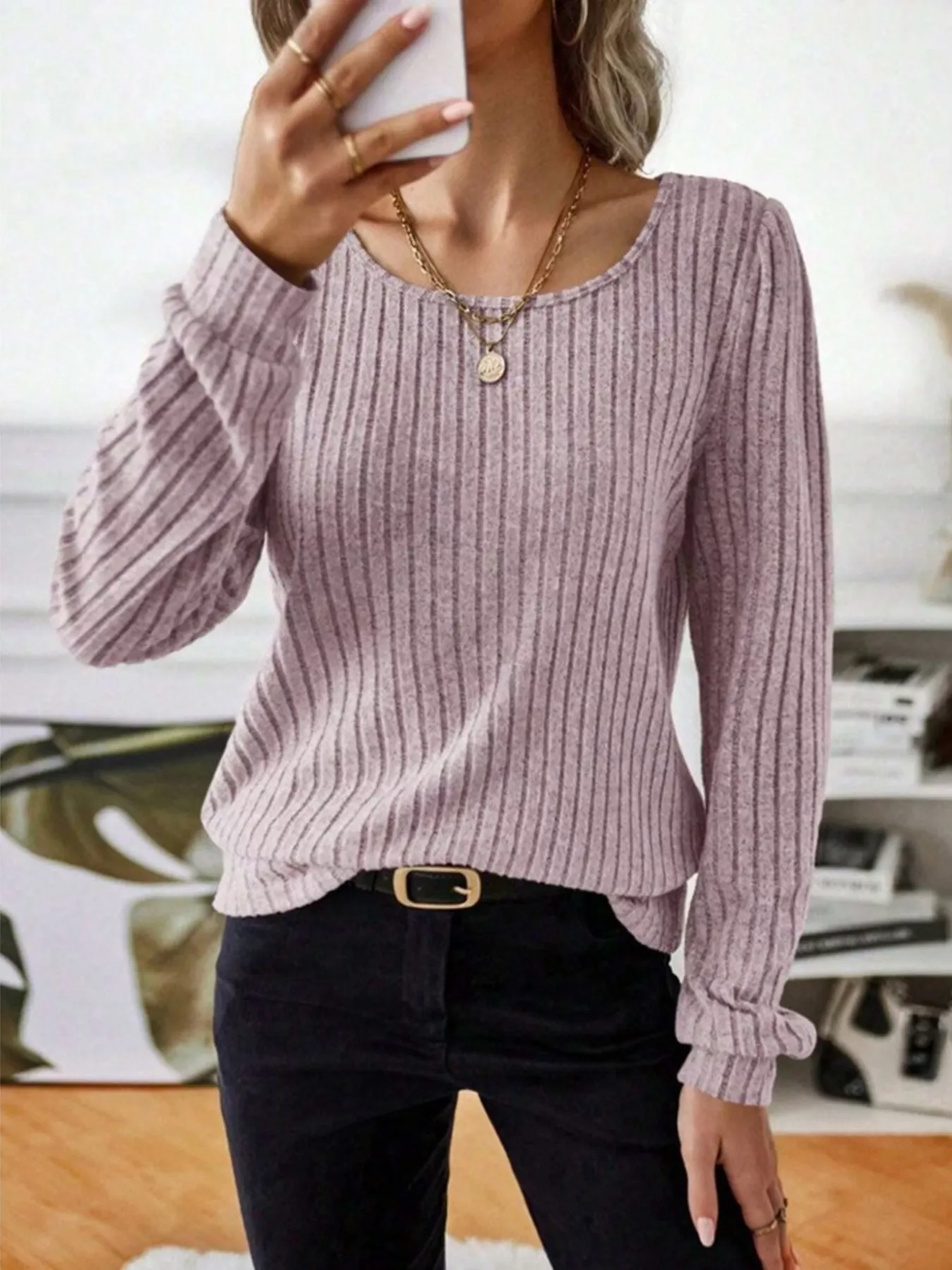 Ribbed Knit Long Sleeve T-Shirt - Image 18
