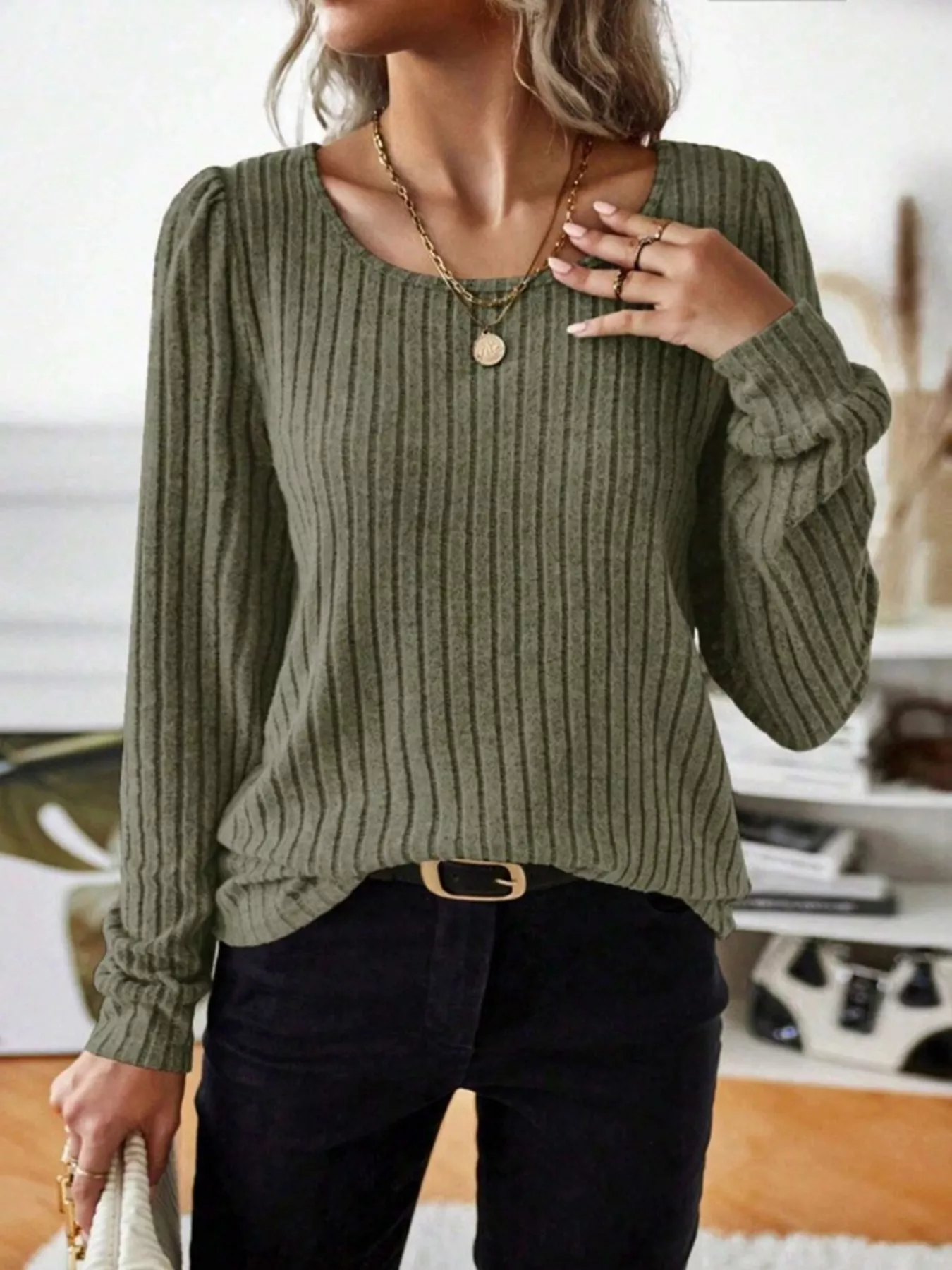 Ribbed Knit Long Sleeve T-Shirt - Image 19