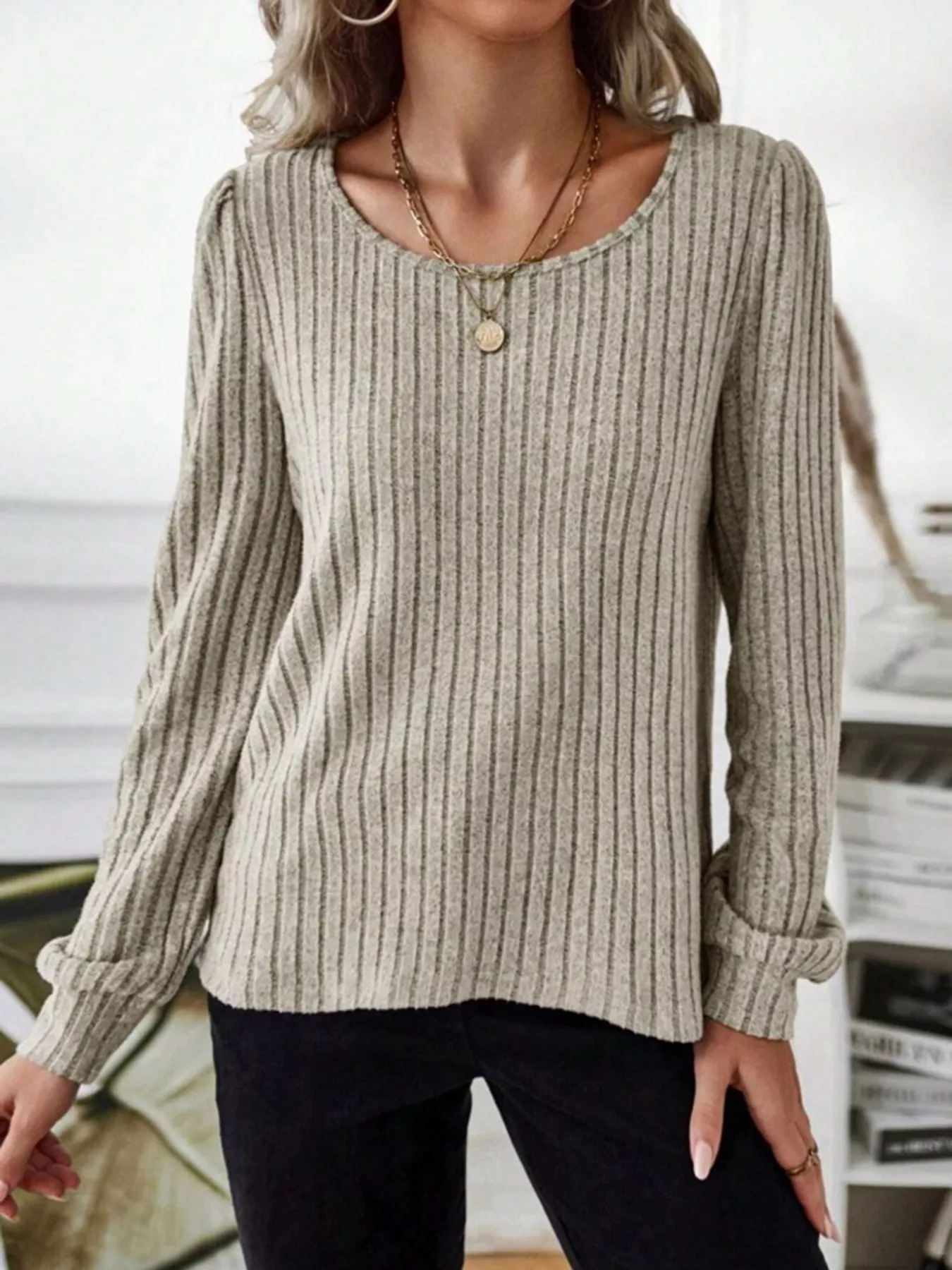 Ribbed Knit Long Sleeve T-Shirt - Image 2